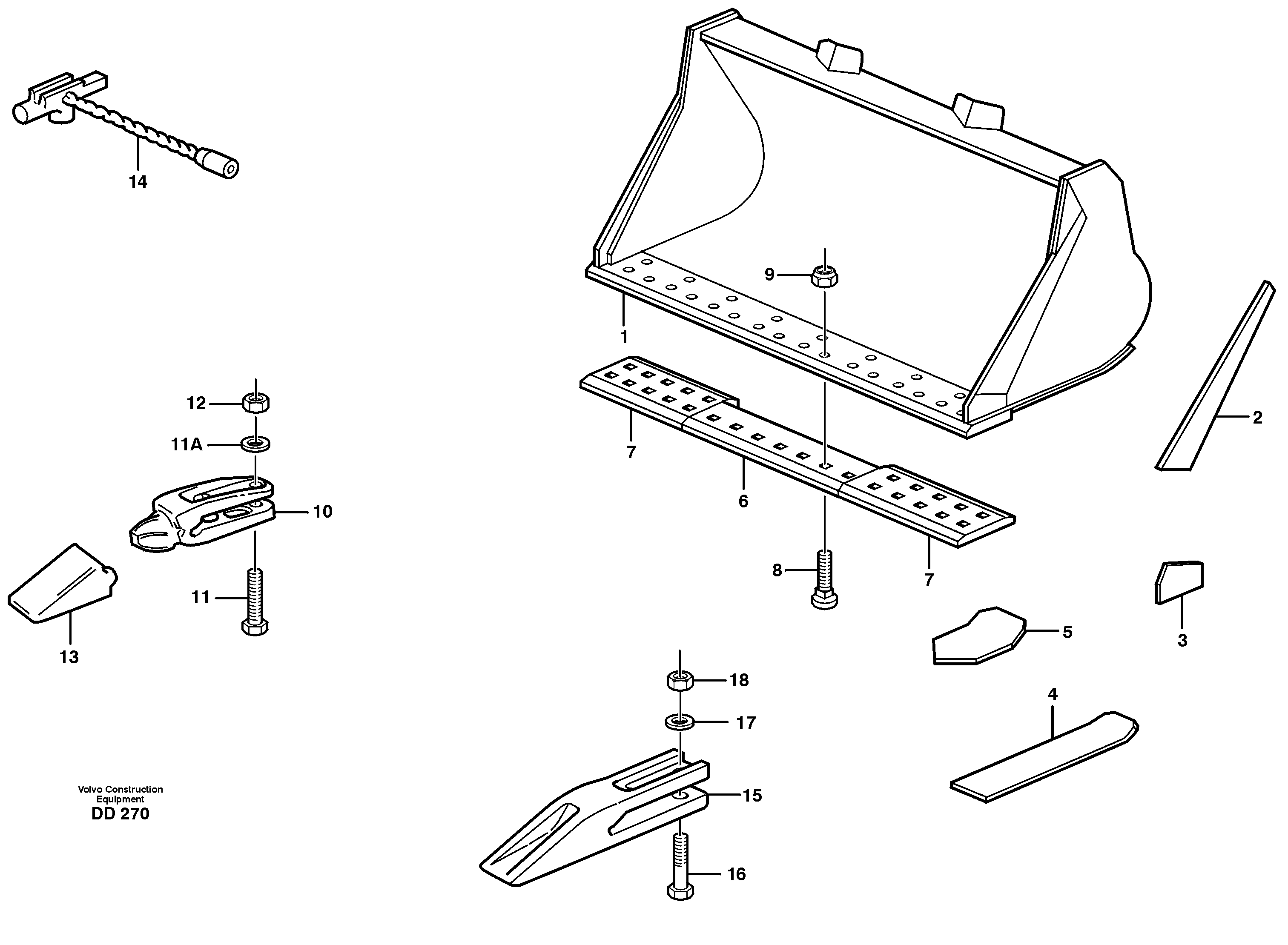 Bucket, straight lip, alt. edge savers or teeth L120B — volvo parts diagram