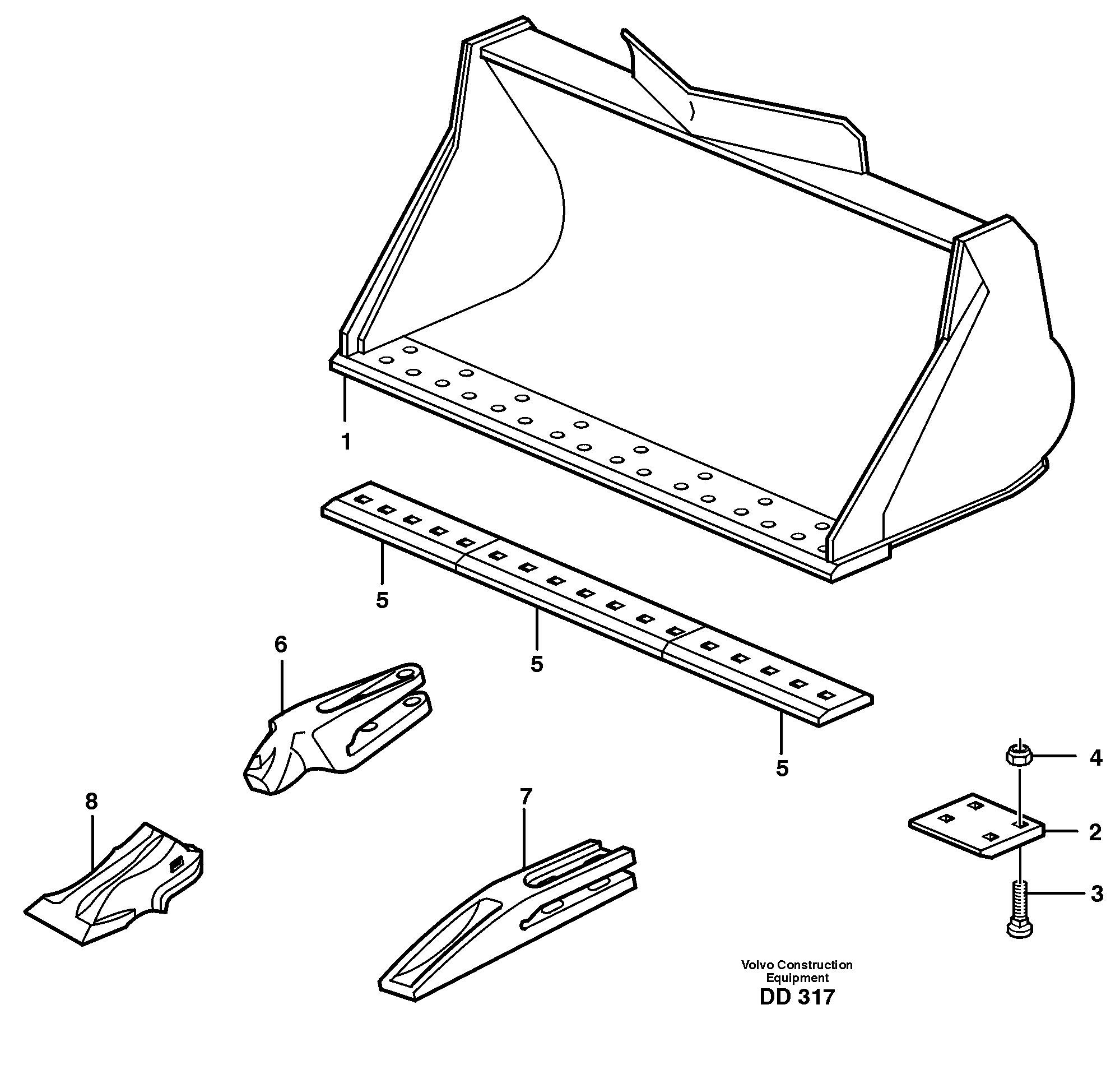 Bucket, straight lip, alt. edge savers or teeth L60E — volvo parts diagram