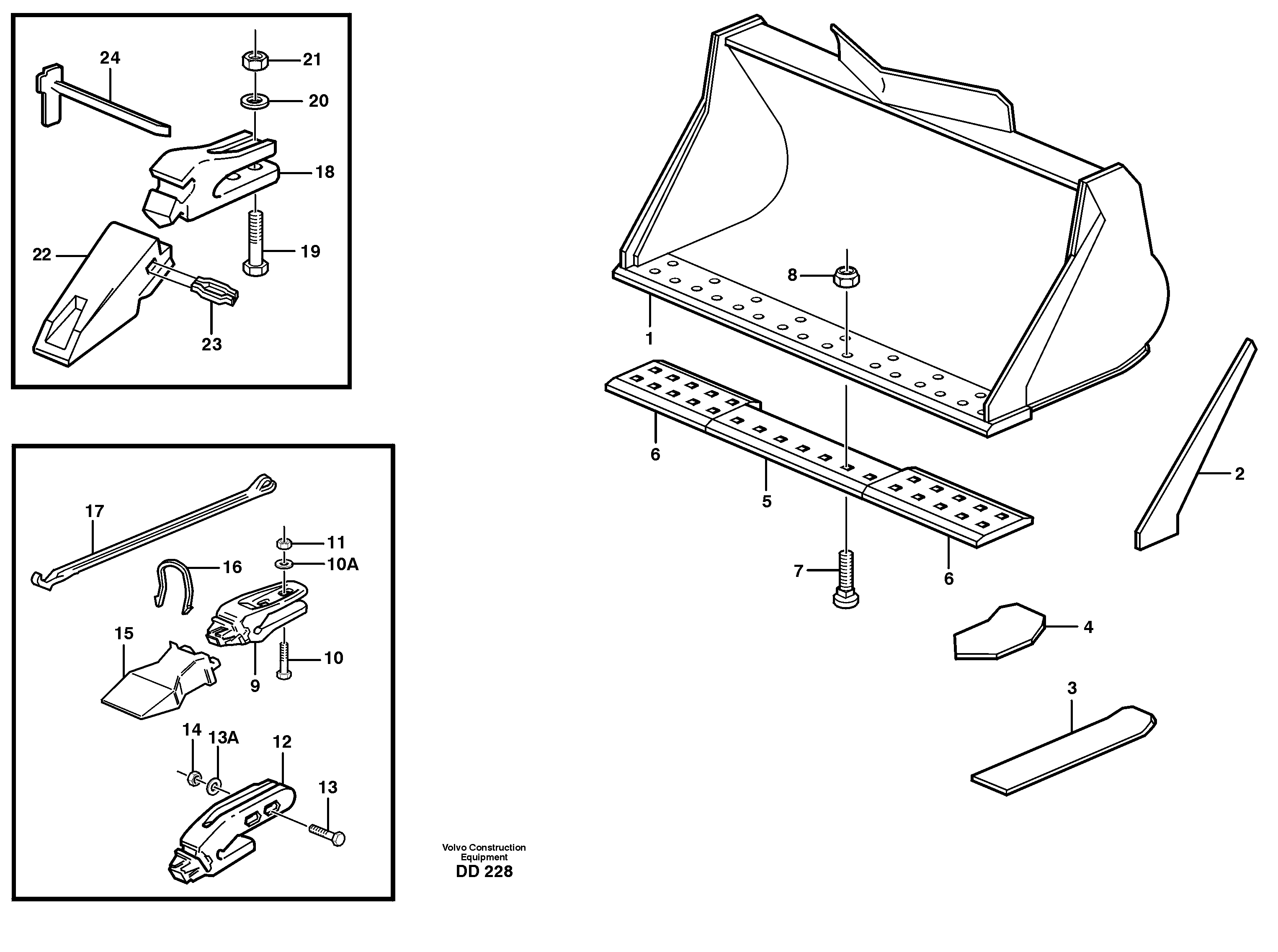 Bucket, straight lip, alt. edge savers or teeth L160 — volvo parts diagram