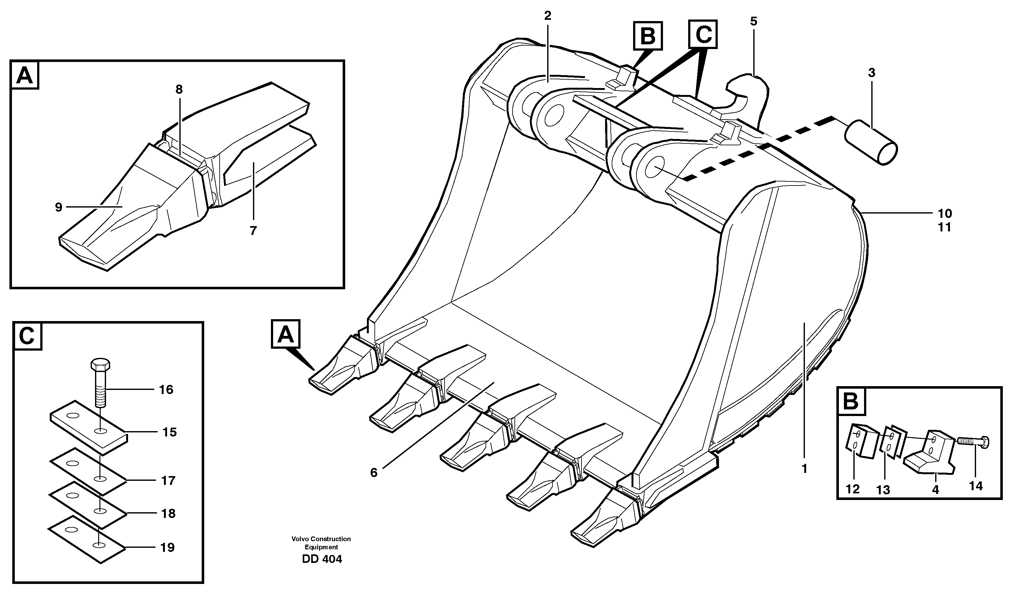 Buckets for Quickfit, S3 Esco Super V 14343283, 14343284, 14343448, 14343512 — volvo parts diagram