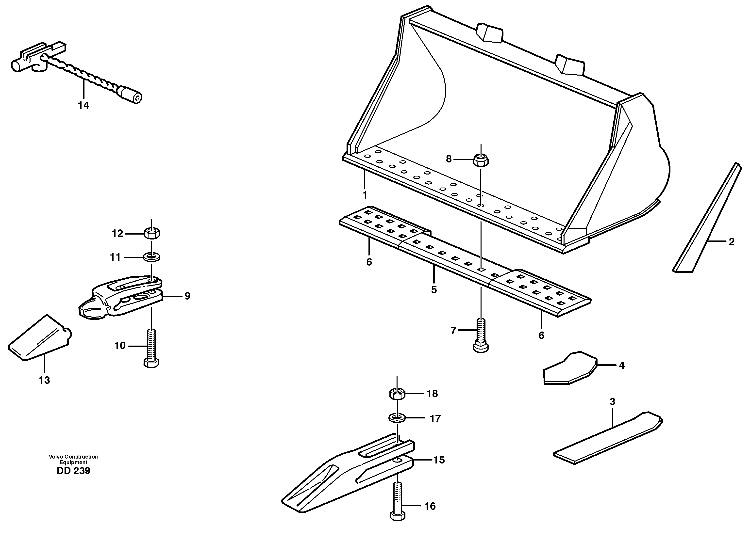 Bucket, straight lip, alt. edge savers or teeth EL70, EL70C — volvo parts diagram