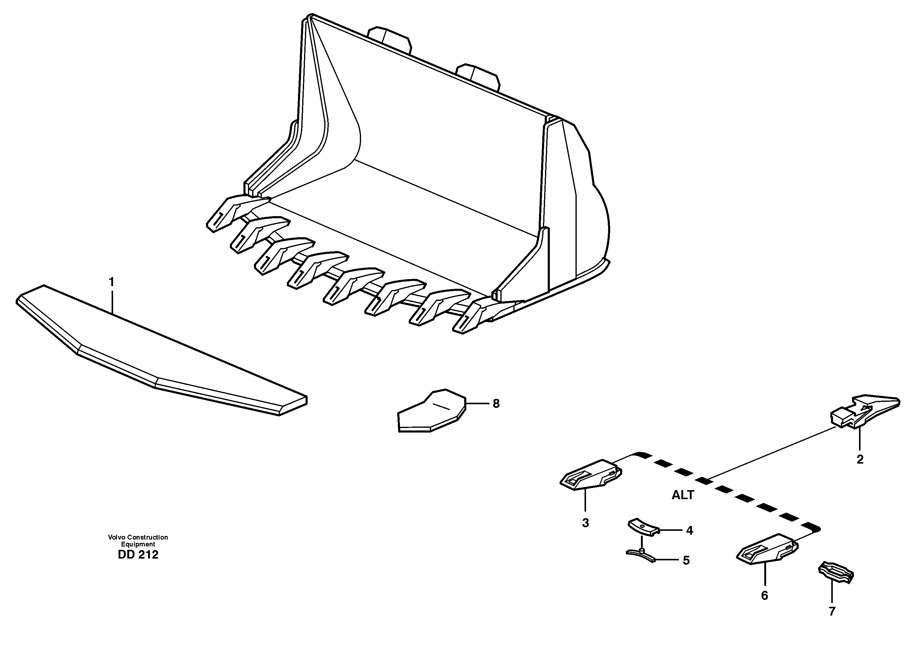 Bucket, truncated vec lip with teeth L90, L90B, L90C — volvo parts diagram