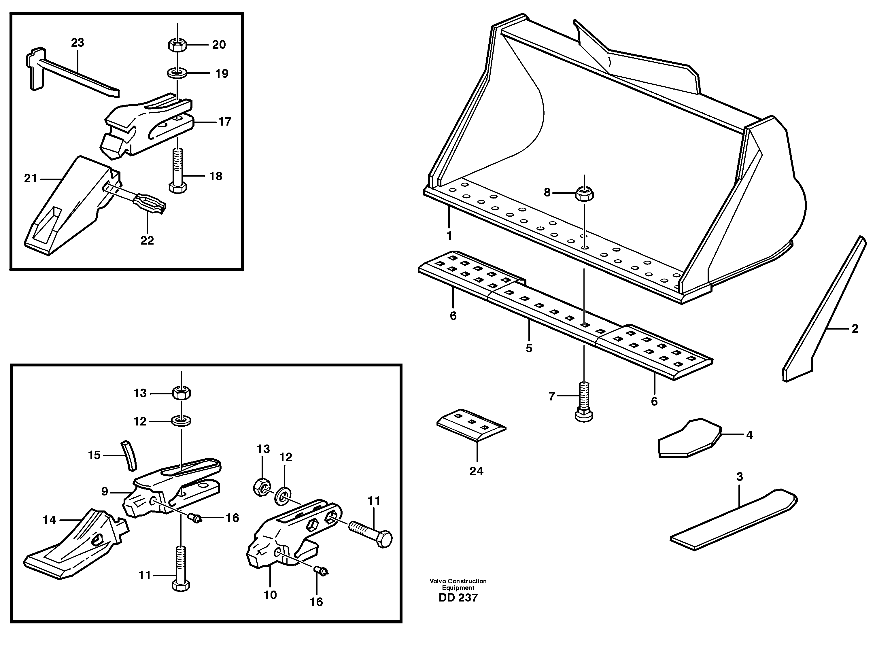 Bucket, straight lip, alt. edge savers or teeth L180, L180C — volvo parts diagram