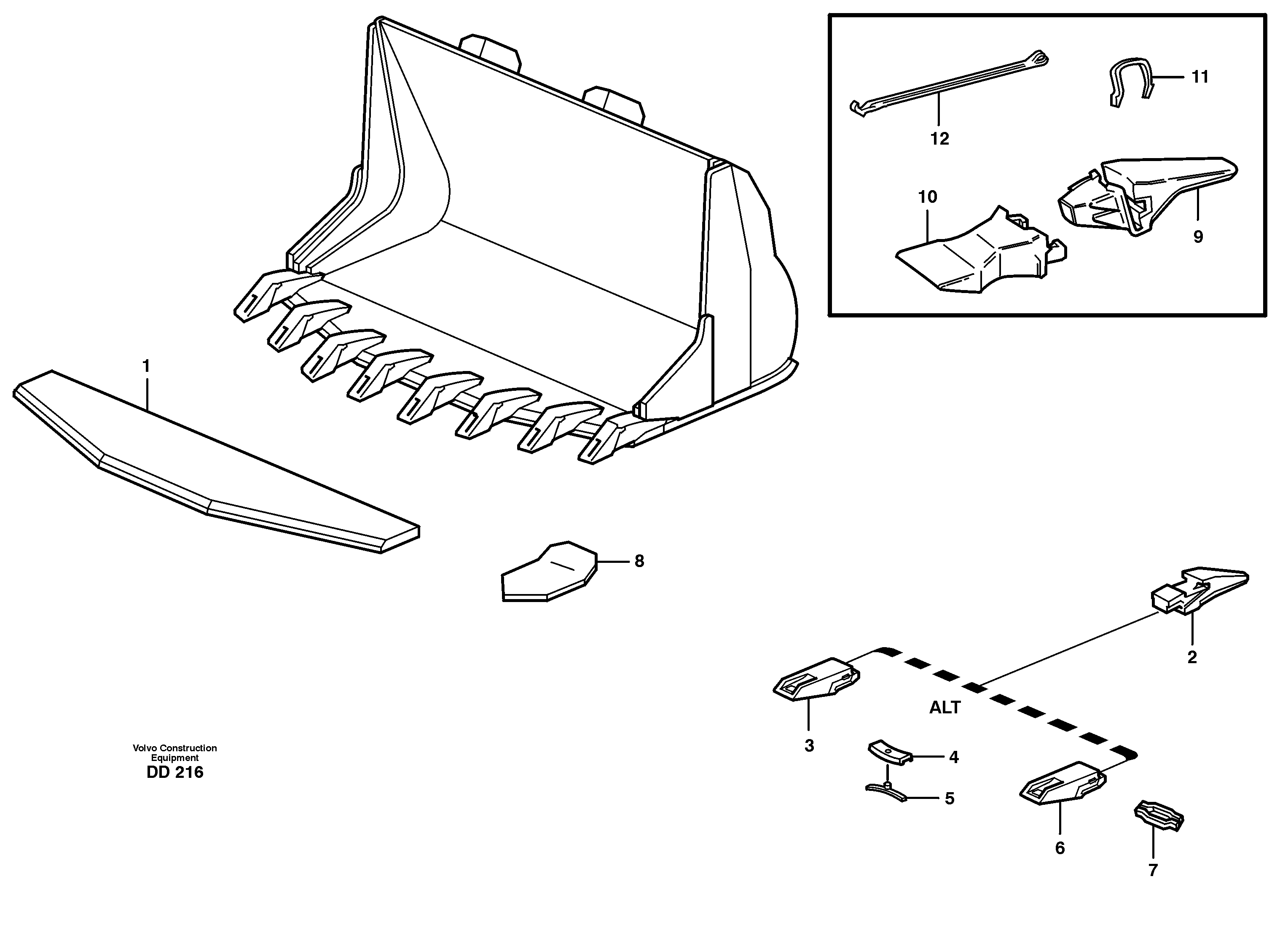 Bucket, truncated vec lip with teeth L160 — volvo parts diagram