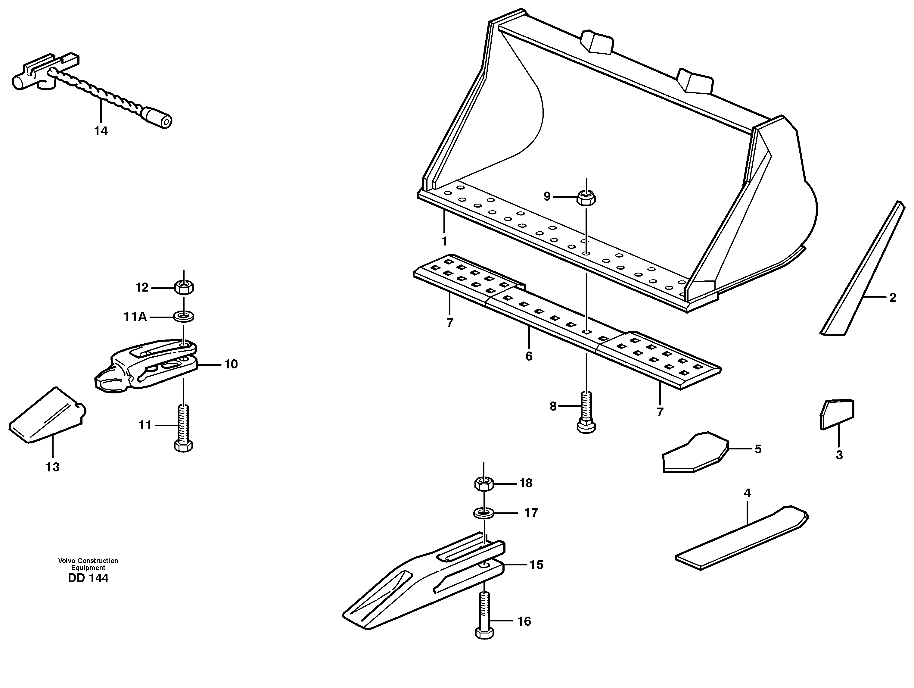 Bucket, straight lip, alt. edge savers or teeth L70 — volvo parts diagram