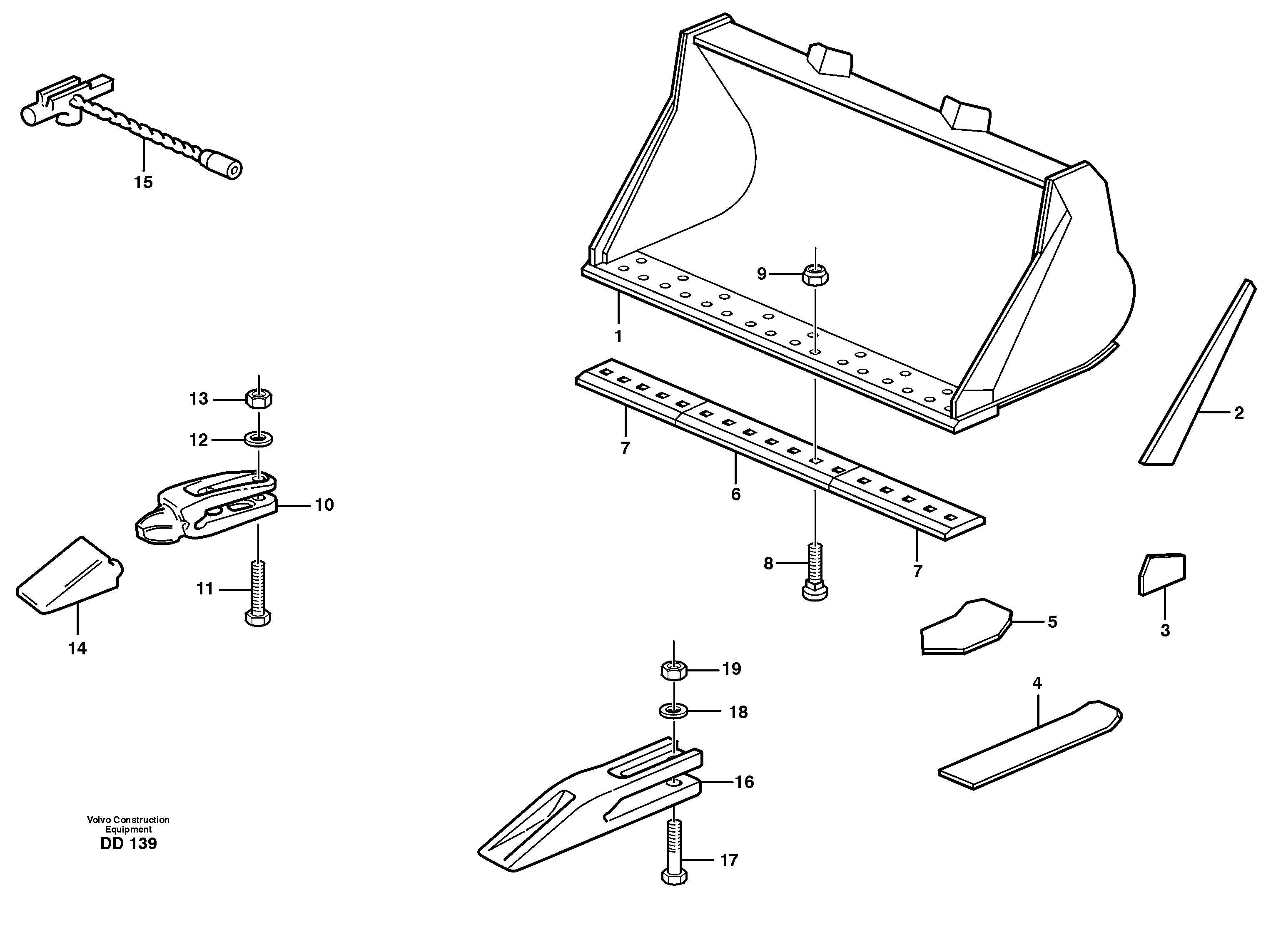 Bucket, straight lip, alt. edge savers or teeth L50 — volvo parts diagram