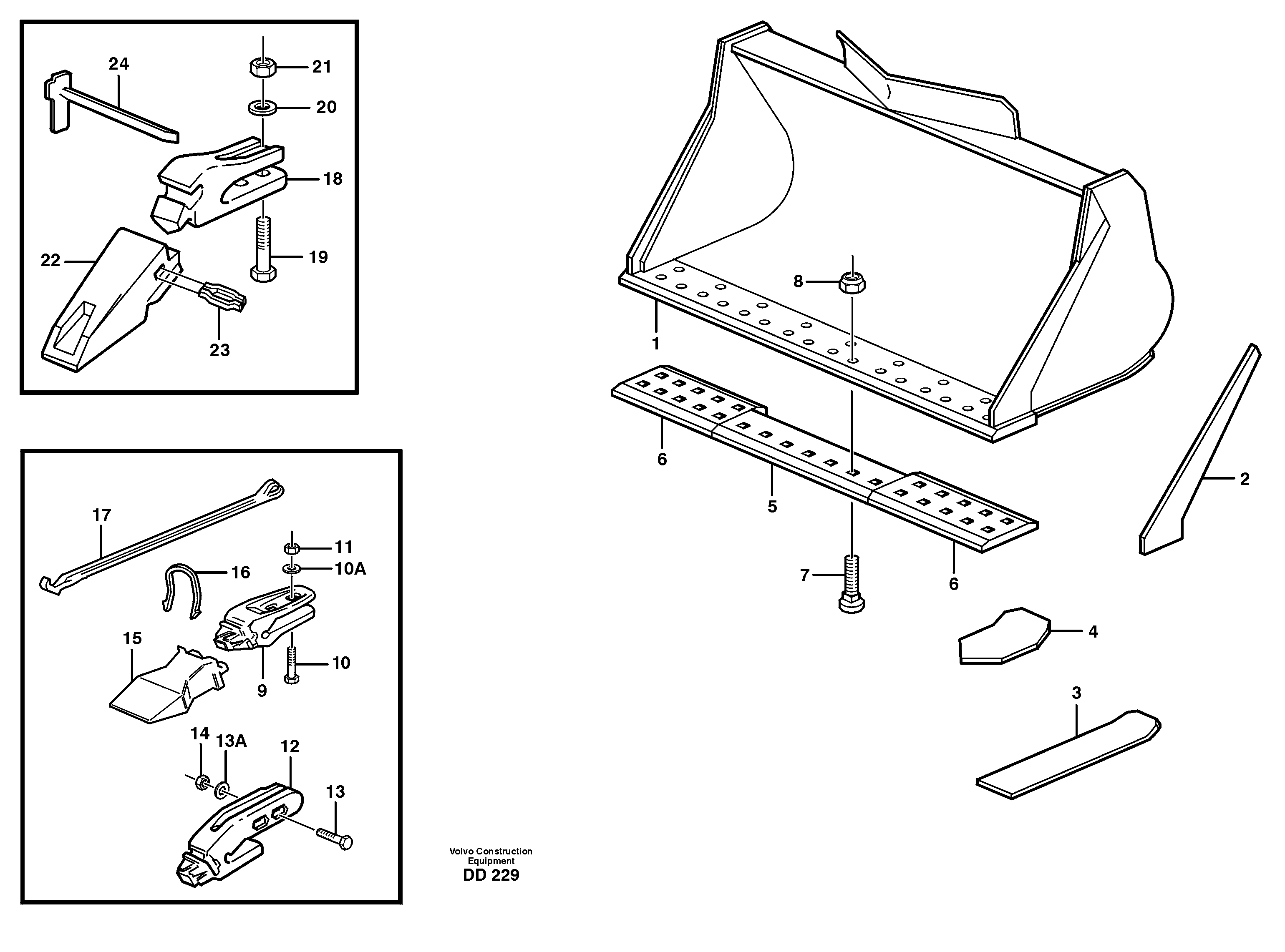 Bucket, straight lip, alt. edge savers or teeth L160 — volvo parts diagram