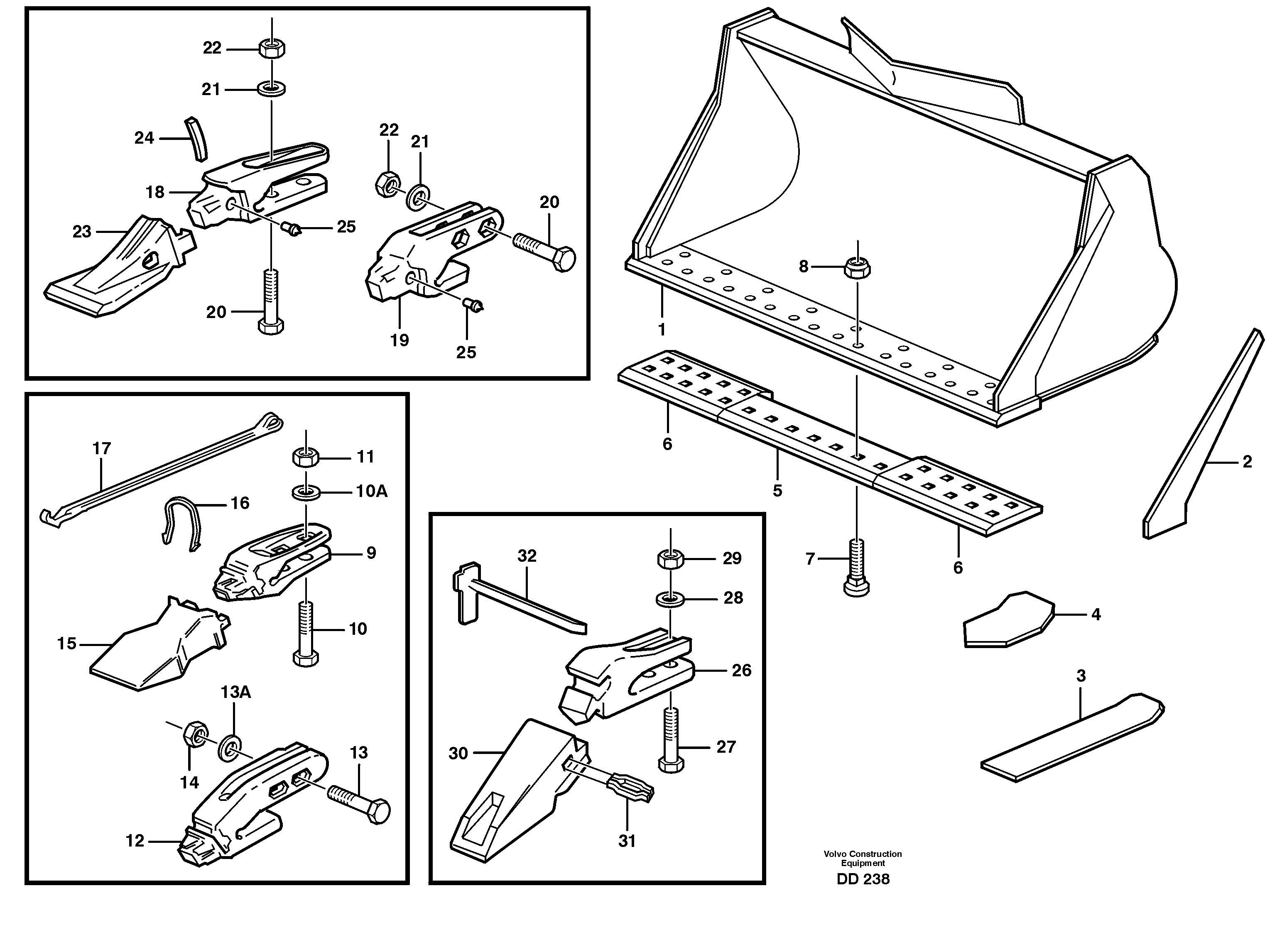 Bucket, straight lip, alt. edge savers or teeth L180, L180C — volvo parts diagram