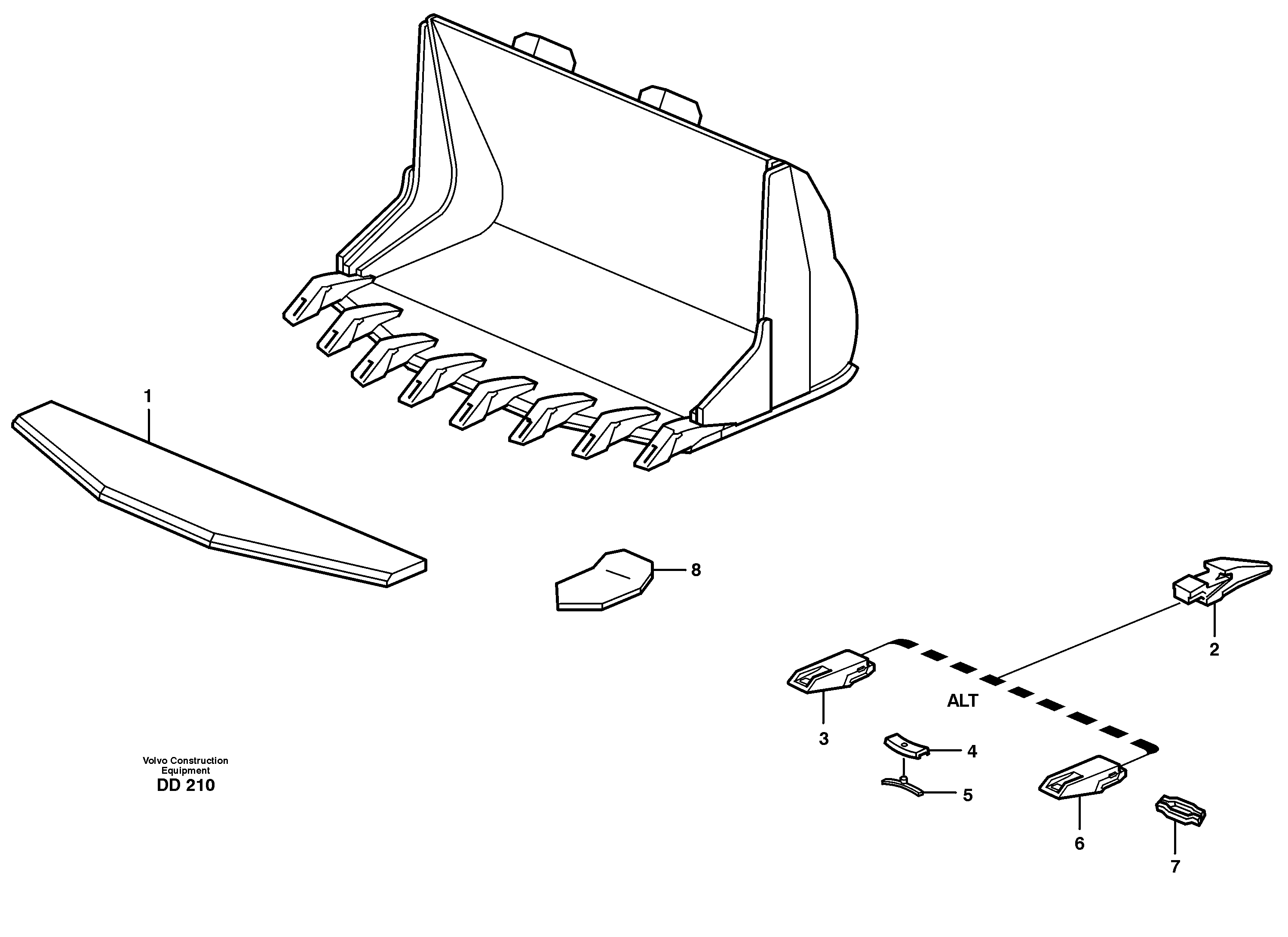 Bucket, truncated vec lip with teeth L70 — volvo parts diagram