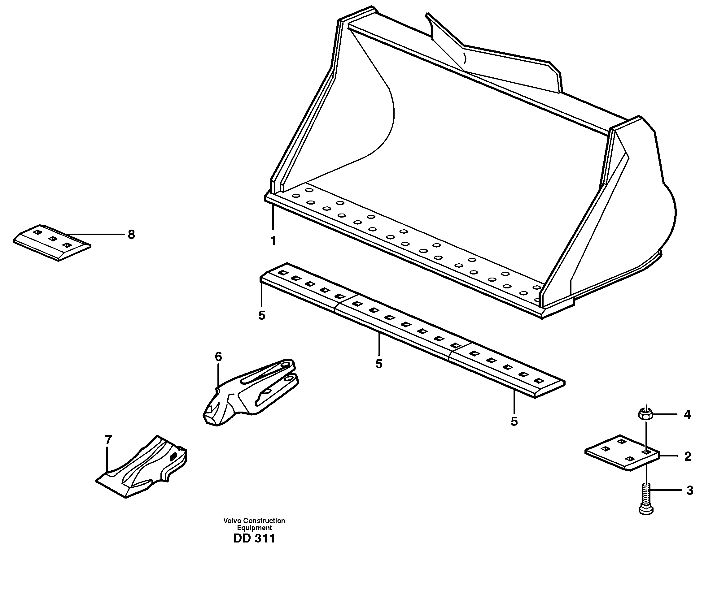 Bucket, straight lip, alt. edge savers or teeth L150E — volvo parts diagram