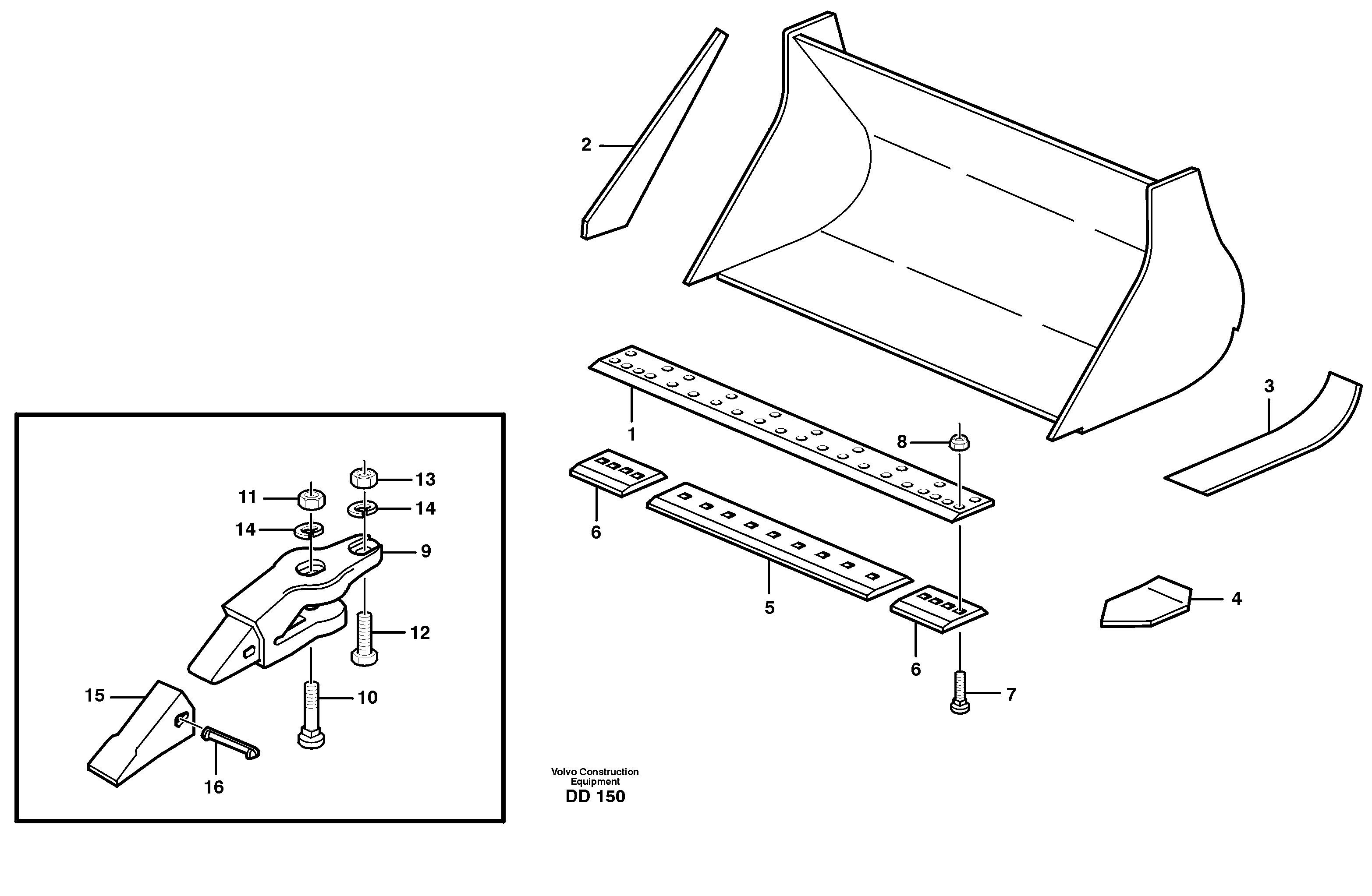 Bucket, straight lip, alt. edge savers or teeth L90 USA — volvo parts diagram