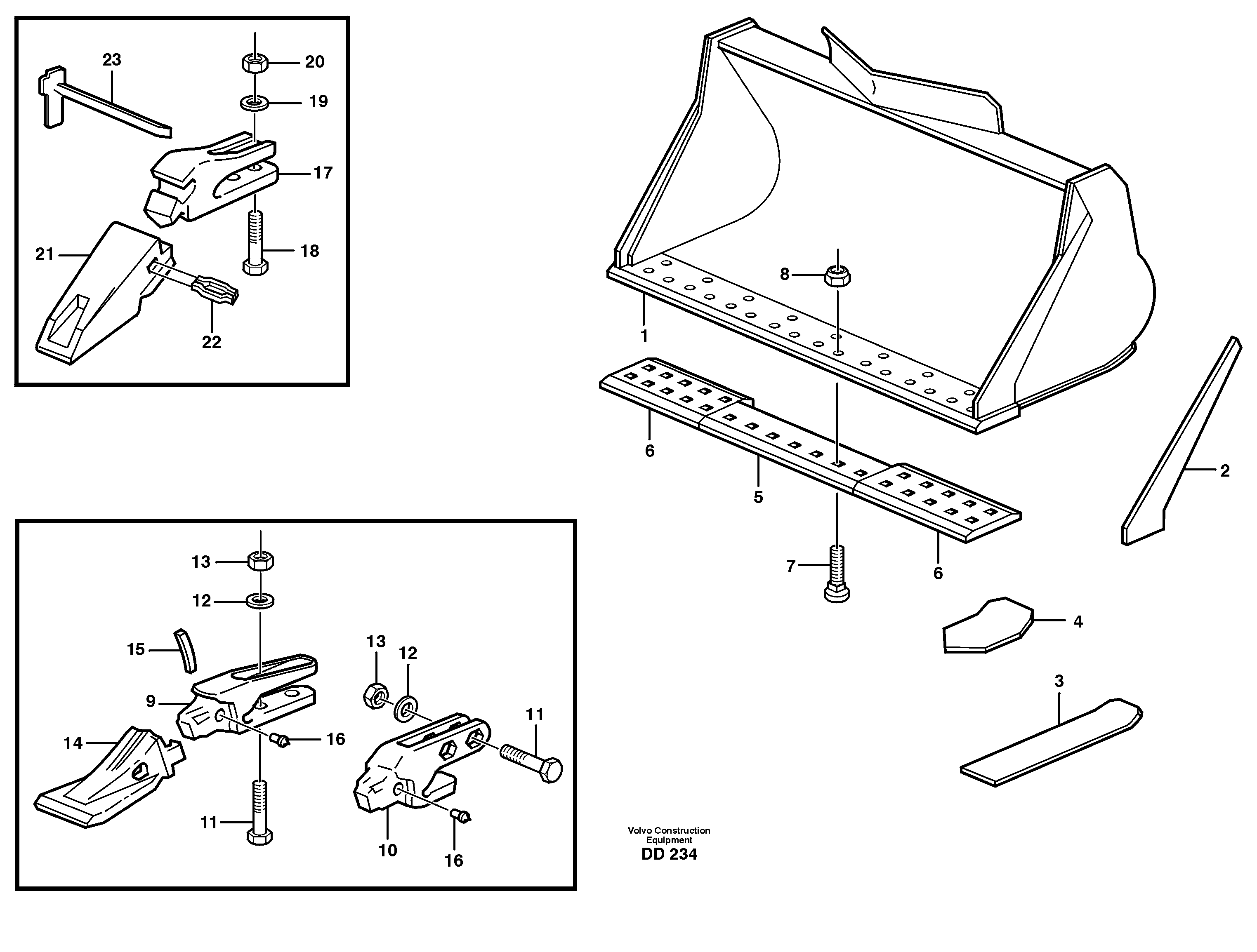 Bucket, straight lip, alt. edge savers or teeth L180, L180C — volvo parts diagram