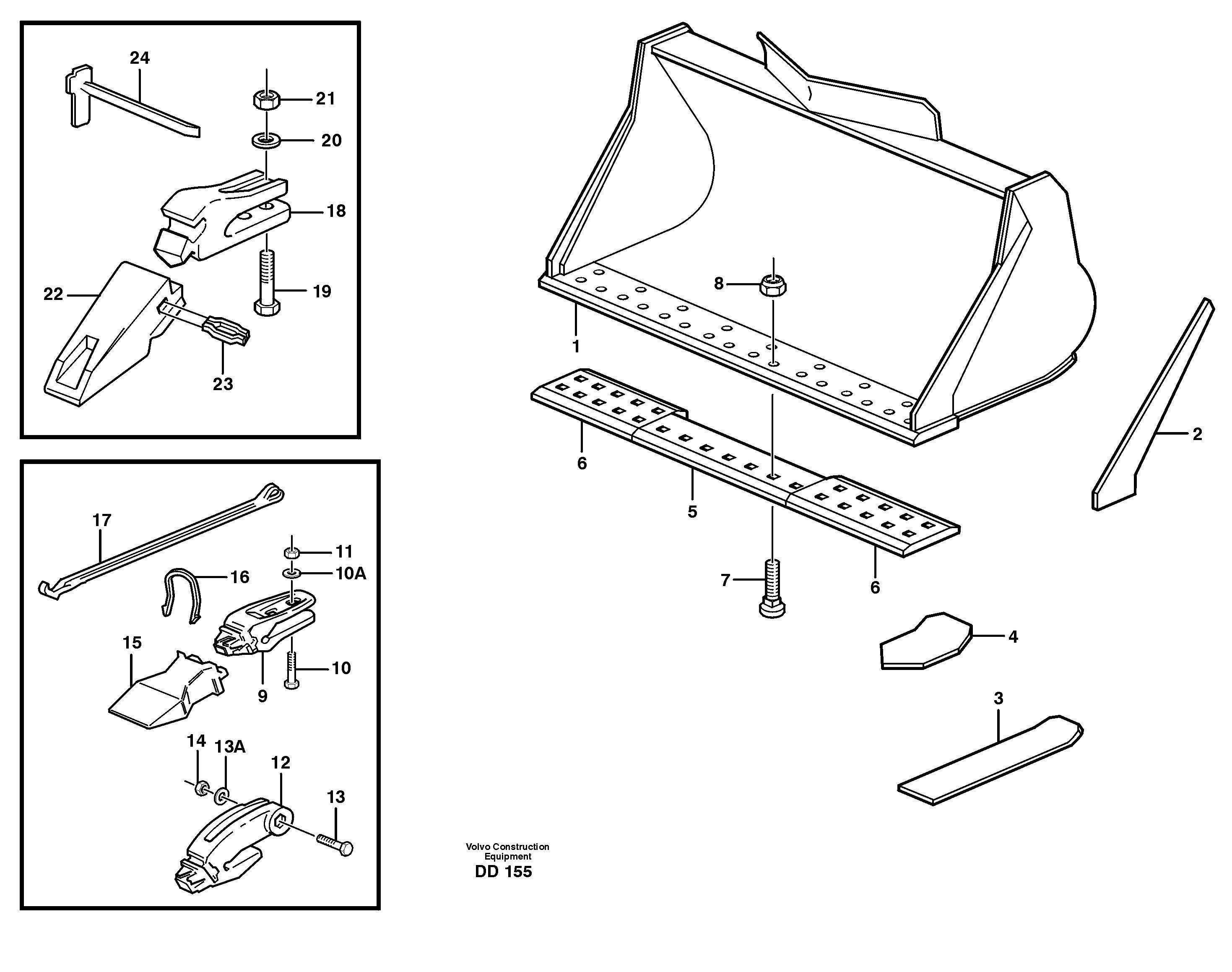 Bucket, straight lip, alt. edge savers or teeth L120C — volvo parts diagram