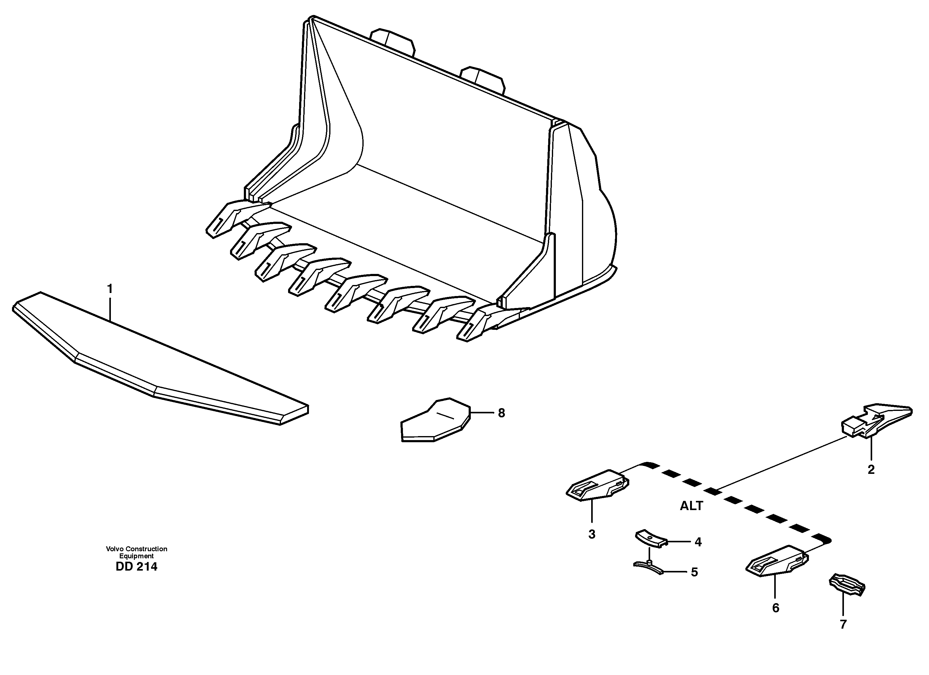 Bucket, truncated vec lip with teeth L120, L120B, L120C — volvo parts diagram
