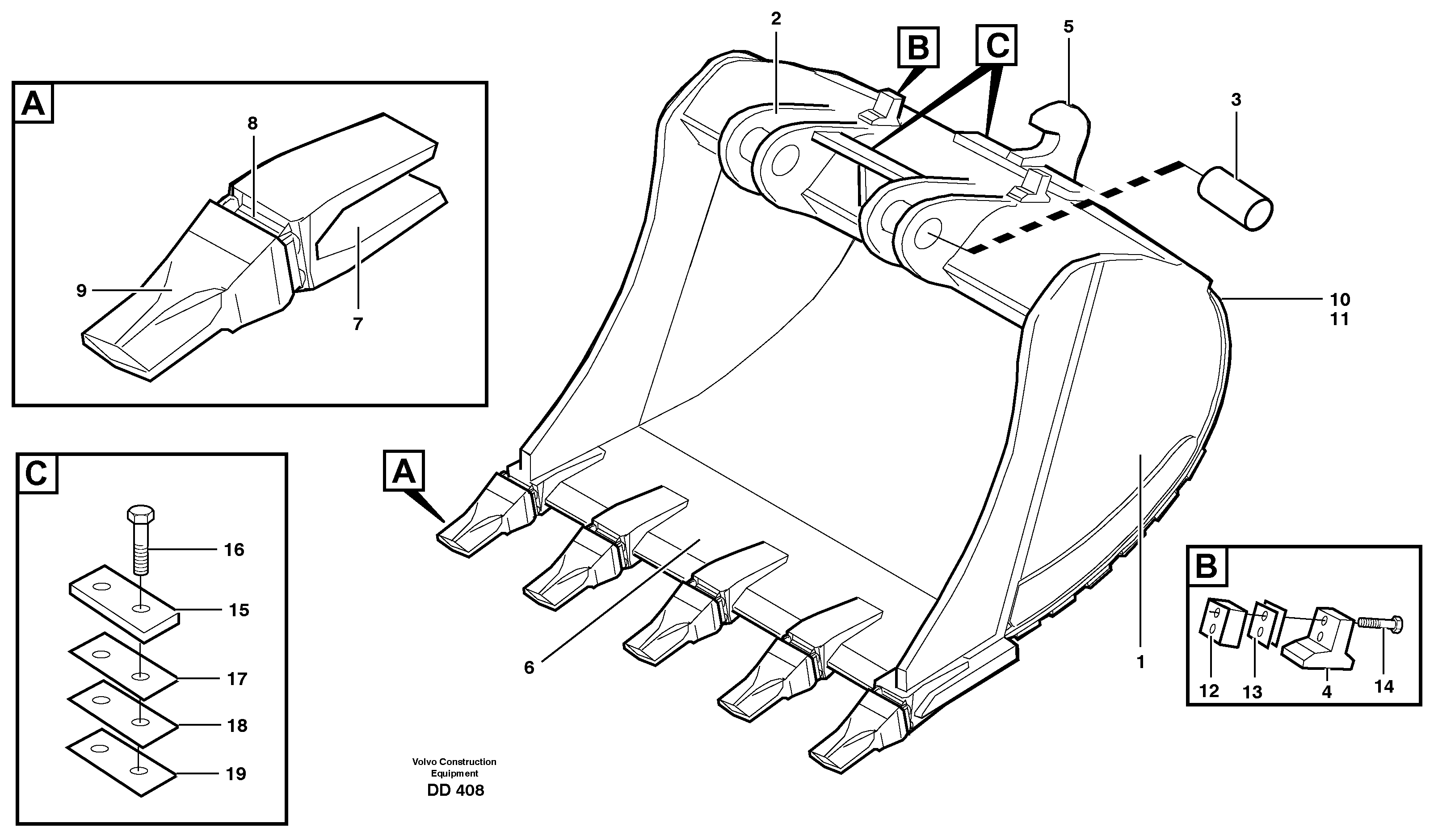 Buckets for Quickfit, S3 Esco Super V 14343087, 14343188, 14343225, 14343251 — volvo parts diagram