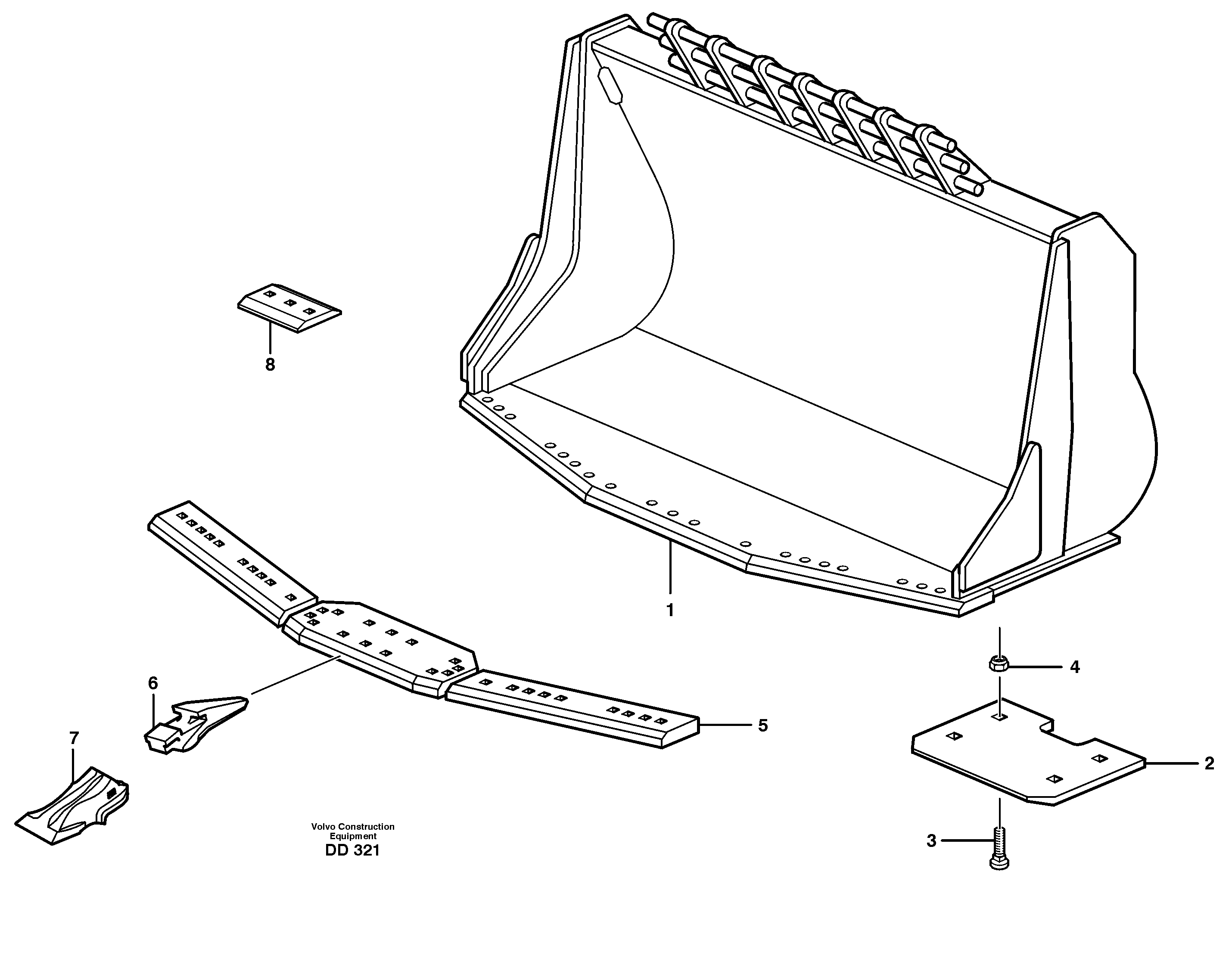 Bucket,spade nose, alt. edge savers or teeth L110E — volvo parts diagram