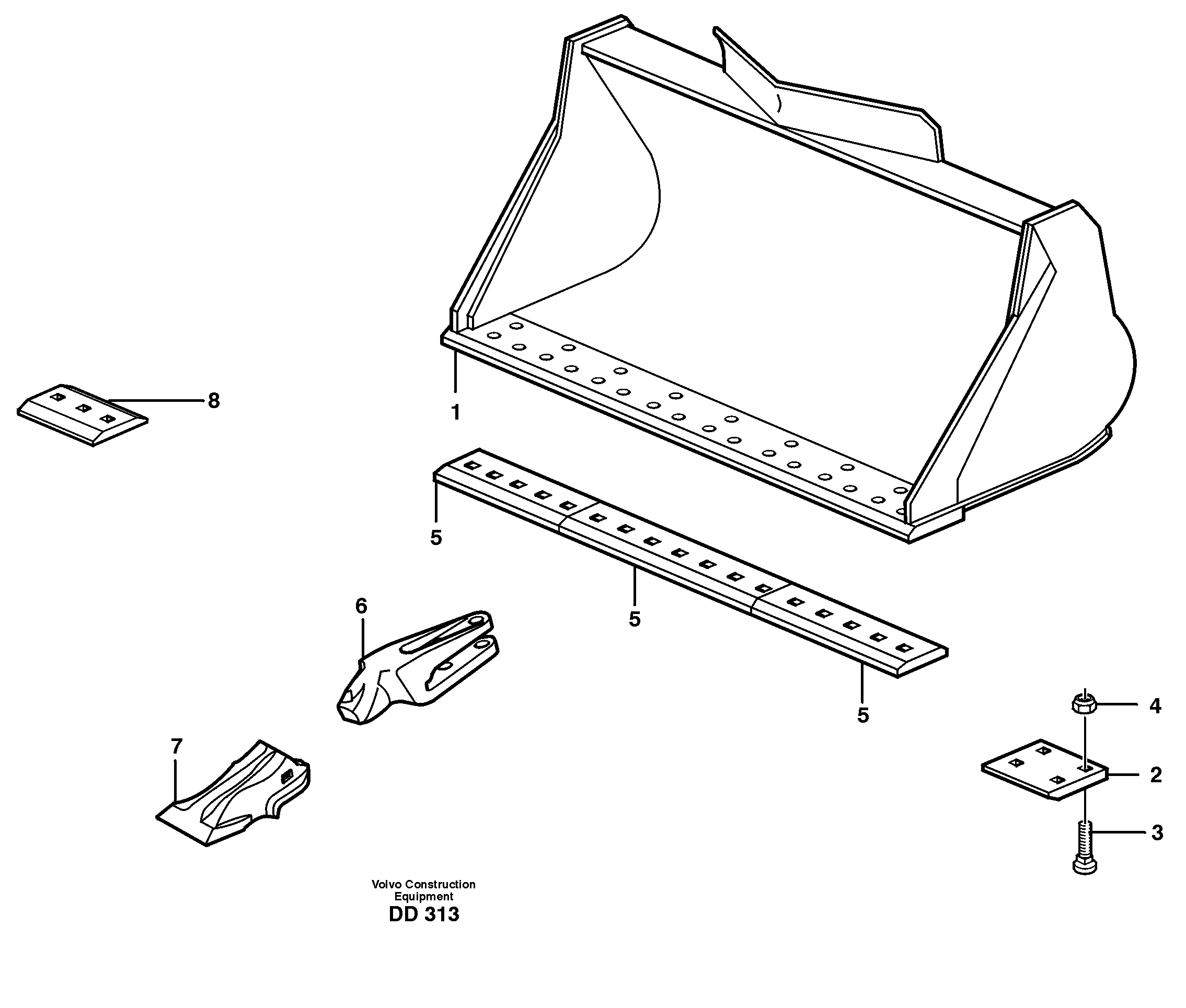 Bucket, straight lip, alt. edge savers or teeth L180, L180C, L180D, L180E — volvo parts diagram