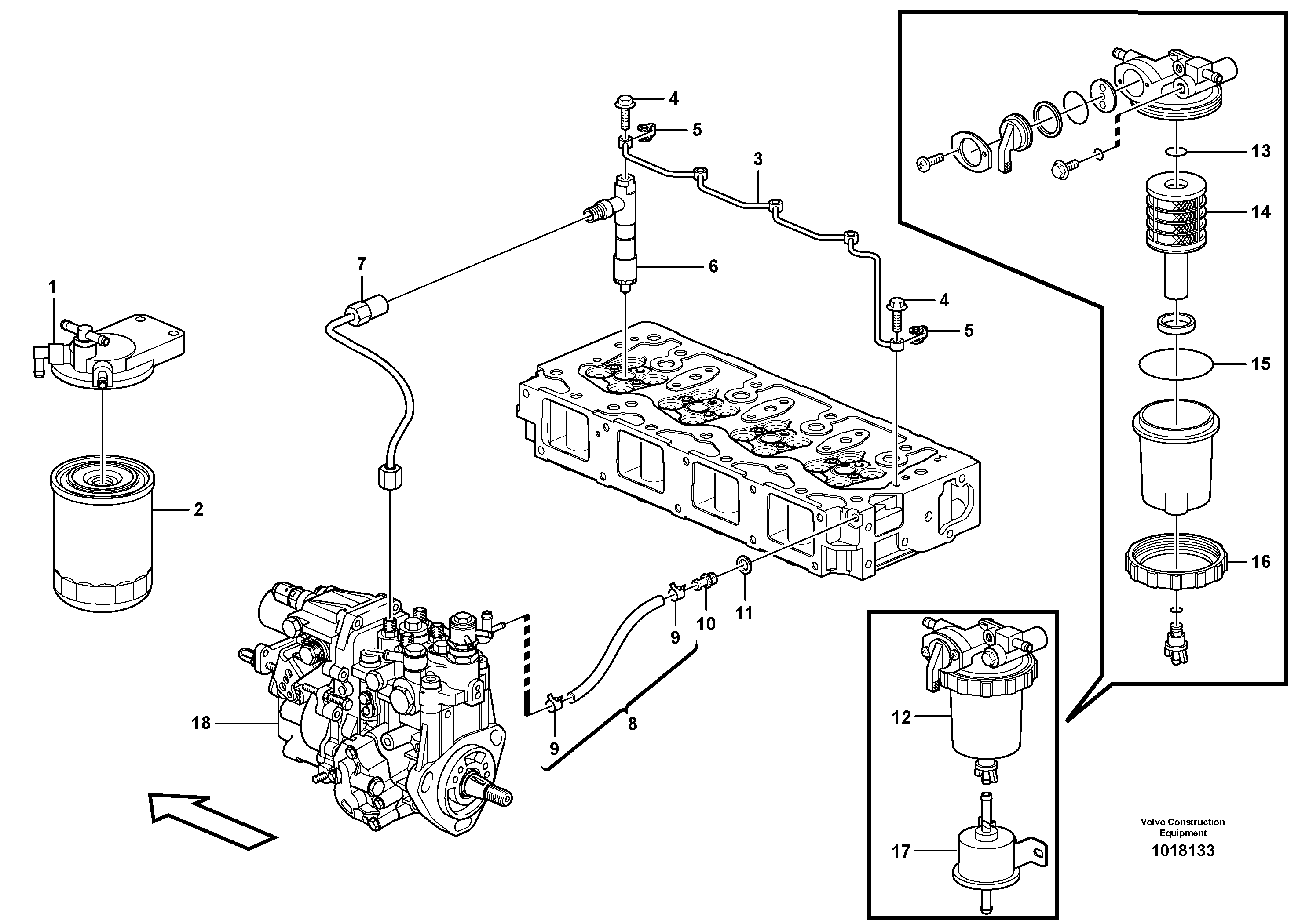 Fuel pipes, injection pump - fuel filter. 11850033, 11850709 — volvo parts diagram