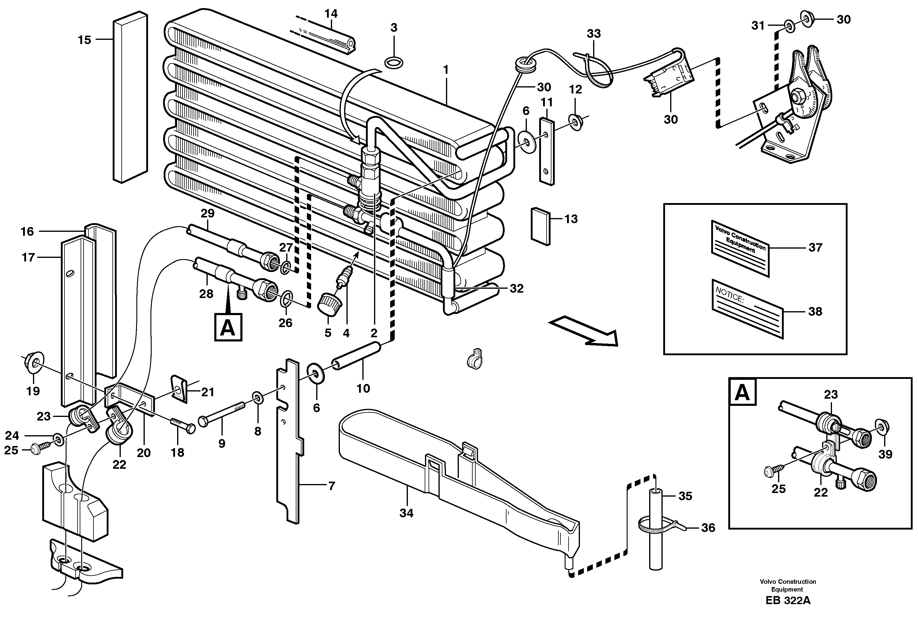 Evaporator for cooling agent R134a with fitting parts.  80258, 80708 — volvo parts diagram