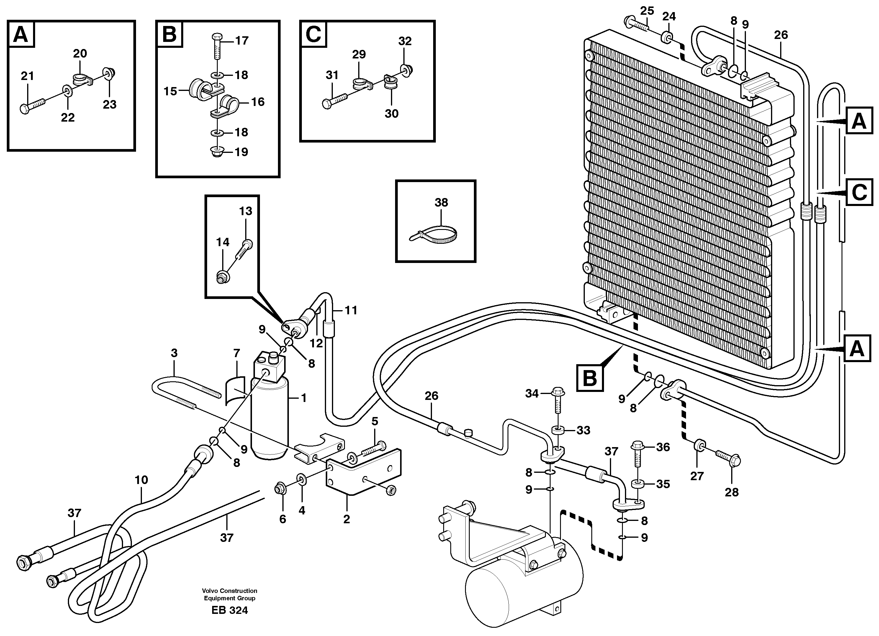 Assembly of hose: evaparator, receiver drier and condenser.  80258, 80708 — volvo parts diagram