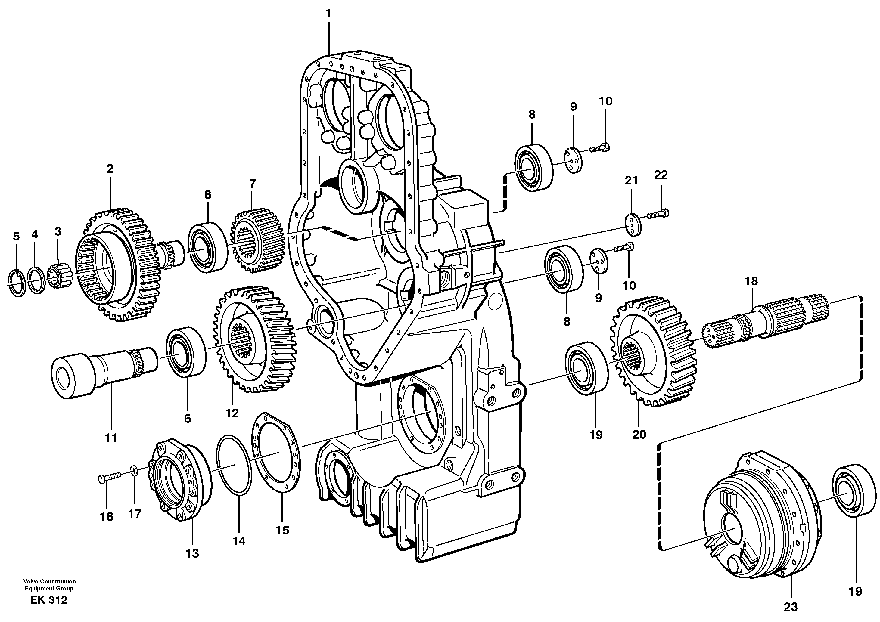 Transfer case, gears and shafts 22534, 22544 — volvo parts diagram