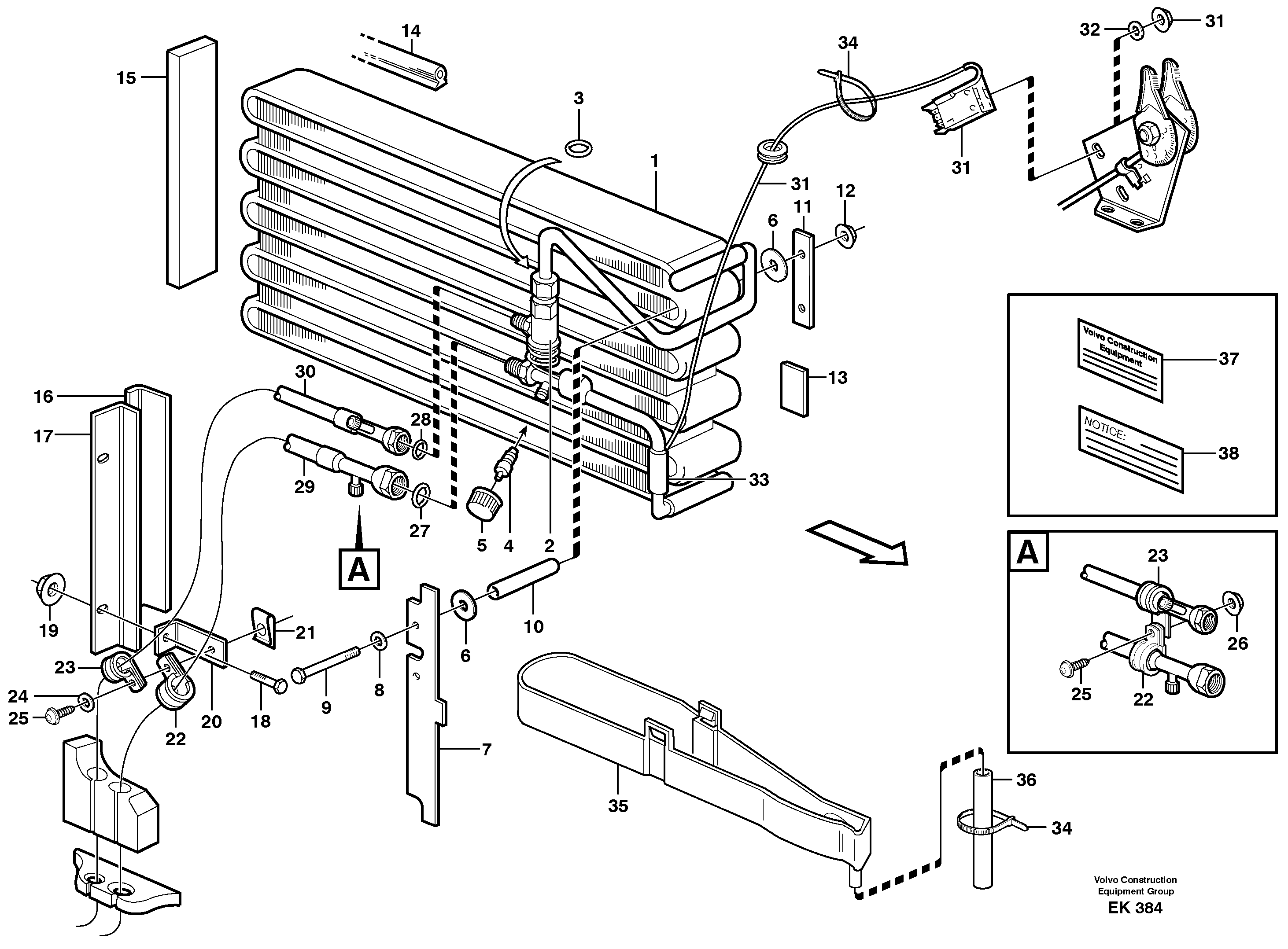 Evaporator for cooling agent R134a with fitting parts.  80297, 82777 — volvo parts diagram