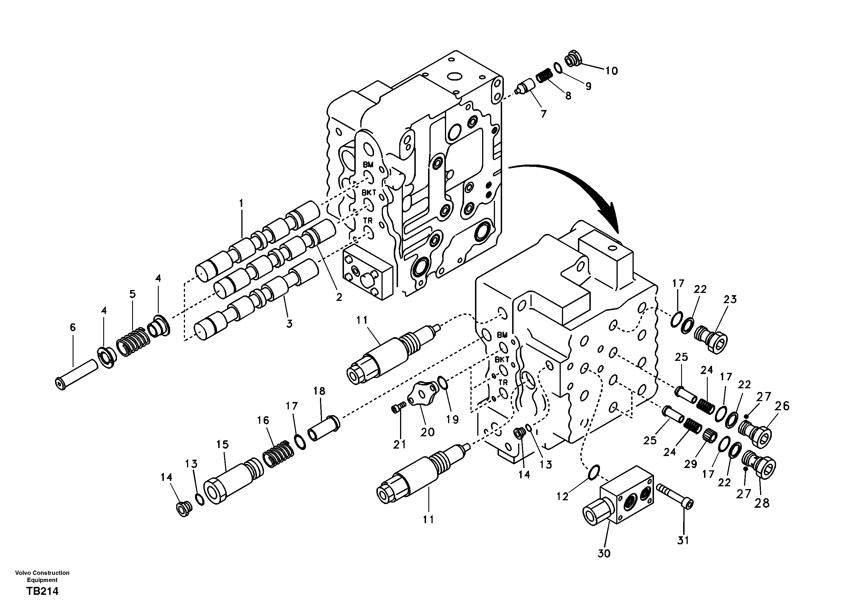 Main control valve, boom and bucket and travel Rh — volvo parts diagram