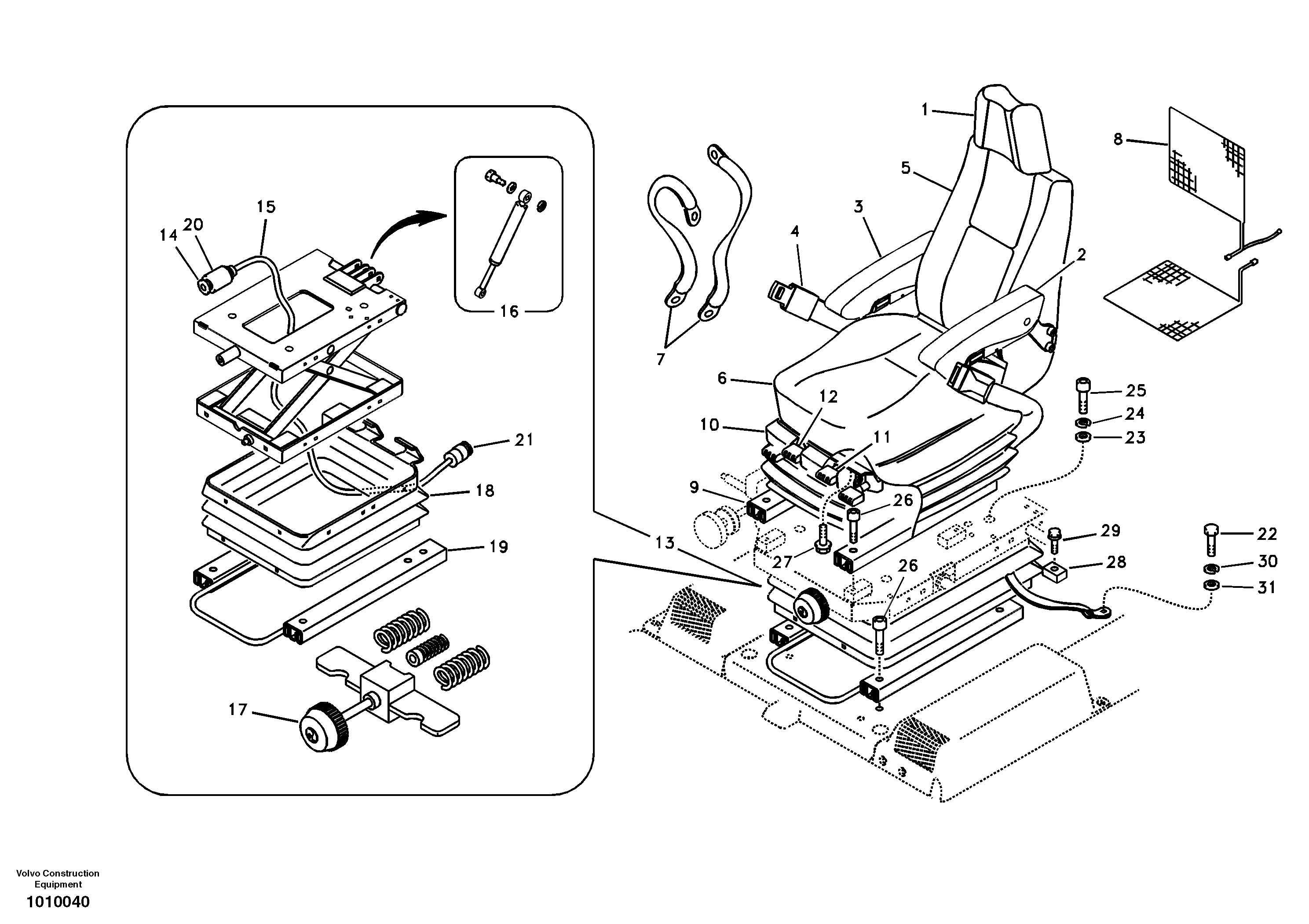 Operator seat with fitting parts — volvo parts diagram