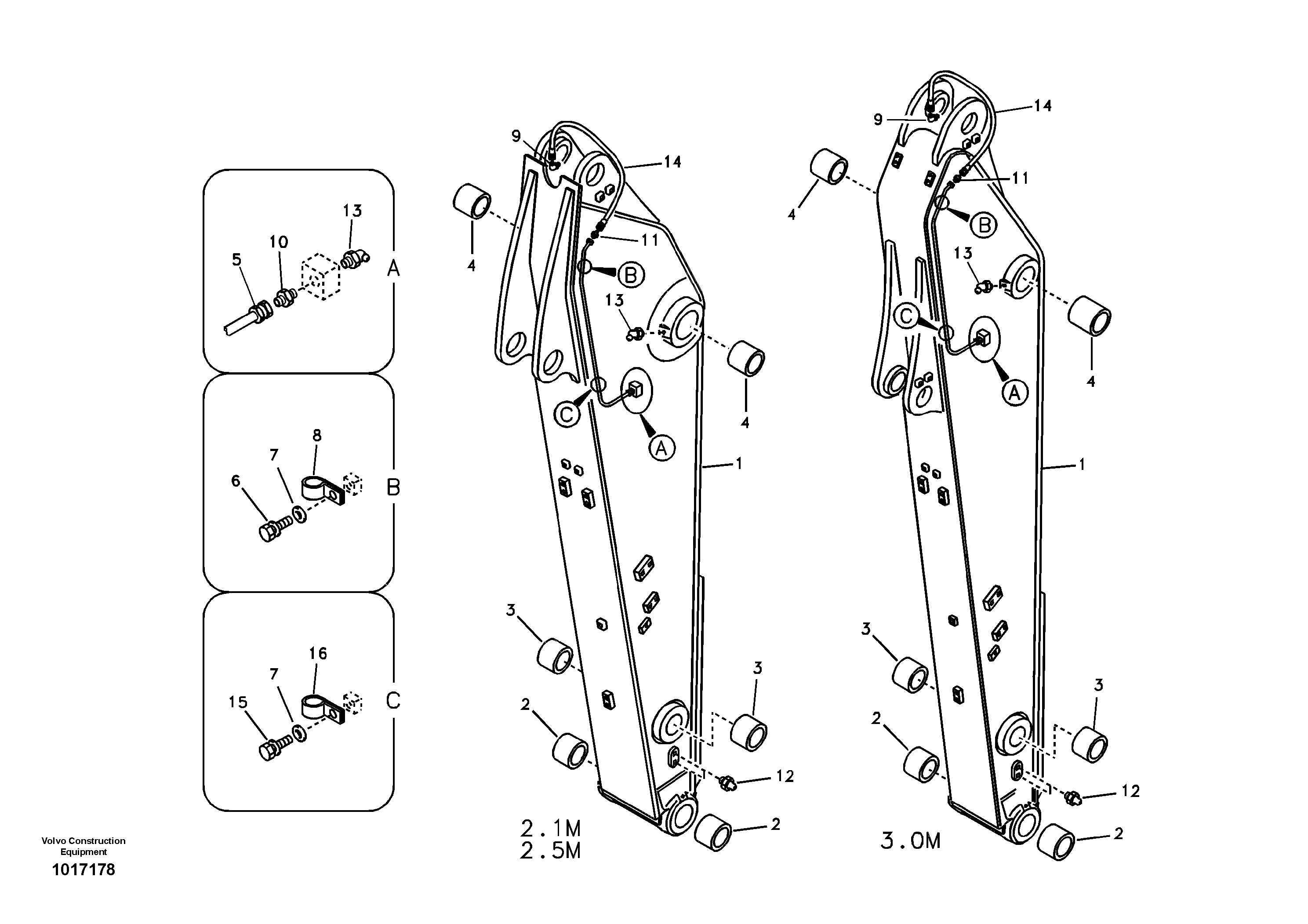 Dipper arm and grease piping with piping seat — volvo parts diagram