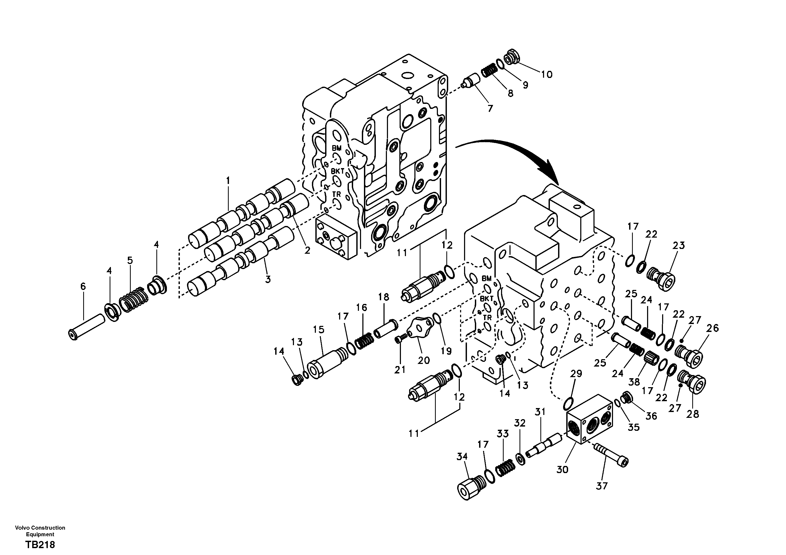 Main control valve, boom and bucket and travel Rh — volvo parts diagram