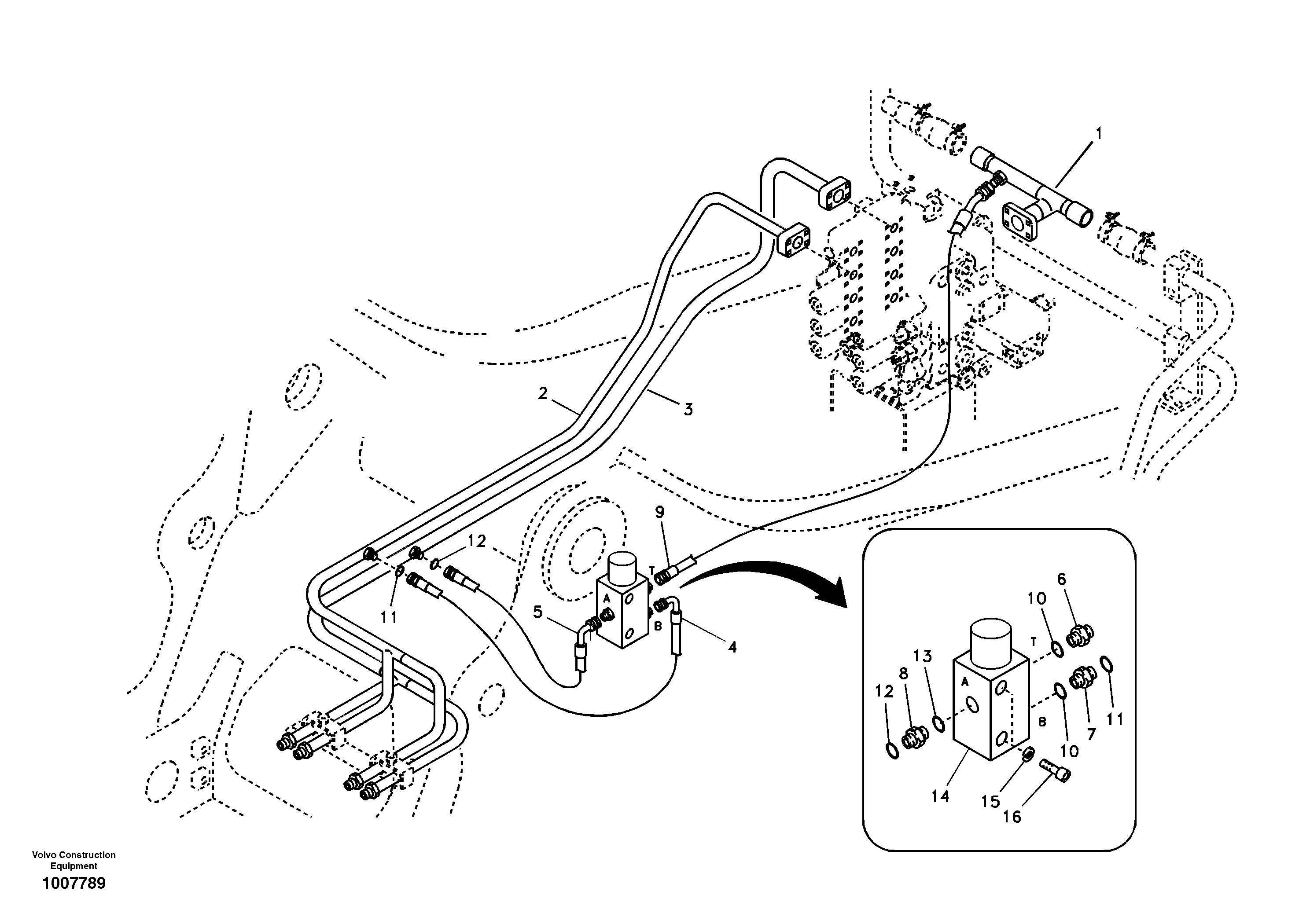 Hydraulic system, control valve to boom and swing — volvo parts diagram