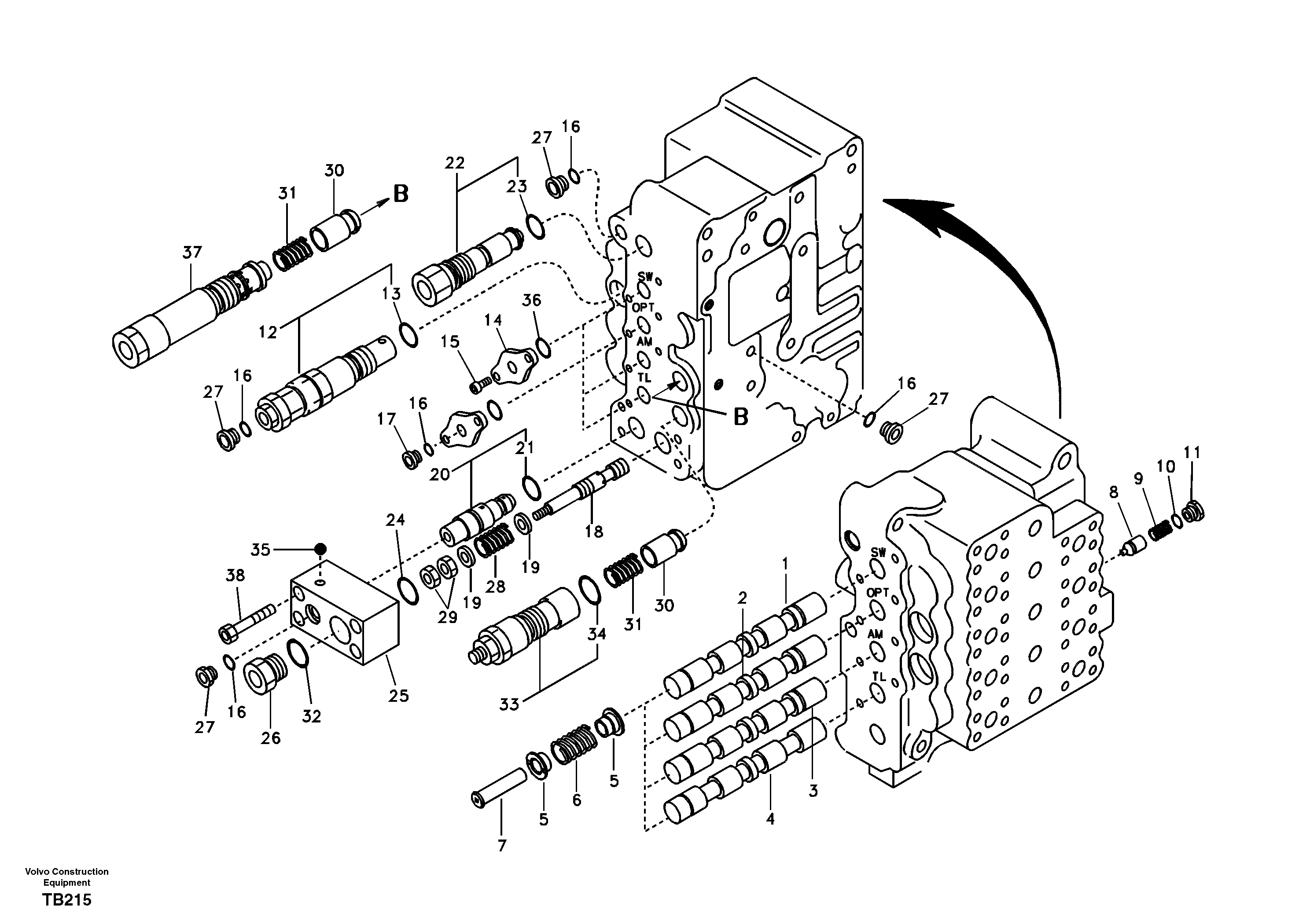 Main control valve, swing and option and dipper arm and travel Lh — volvo parts diagram