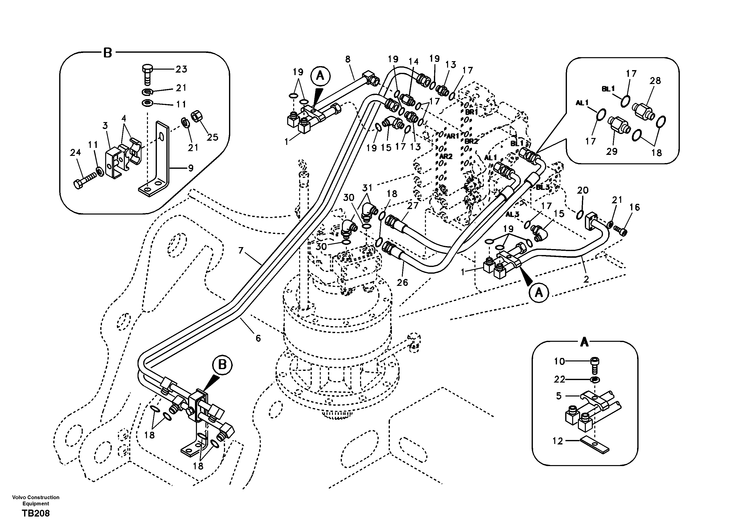 Hydraulic system, control valve to boom and swing — volvo parts diagram