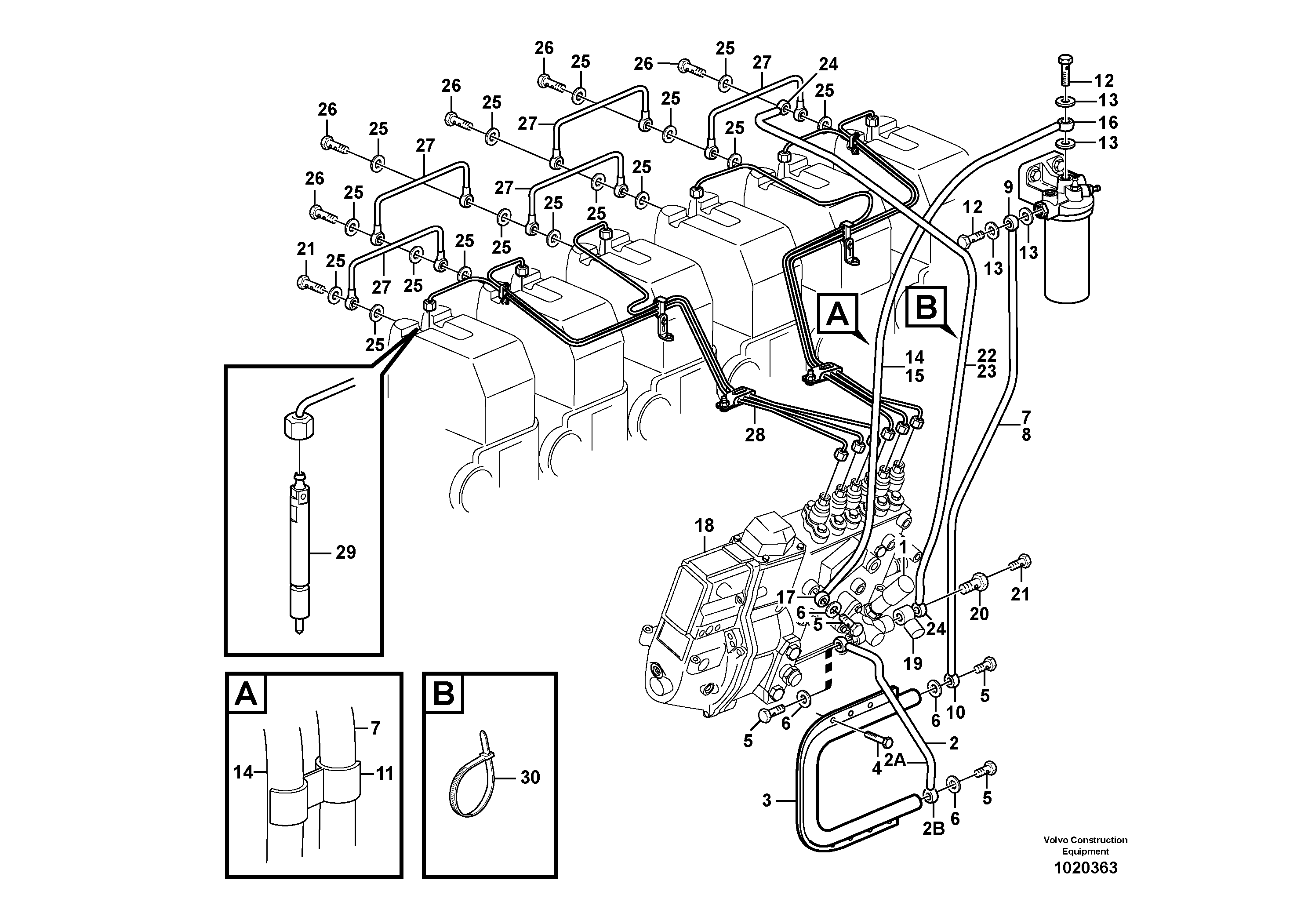 Fuel pipes, injection pump - fuel filter - fuel injector — volvo parts diagram