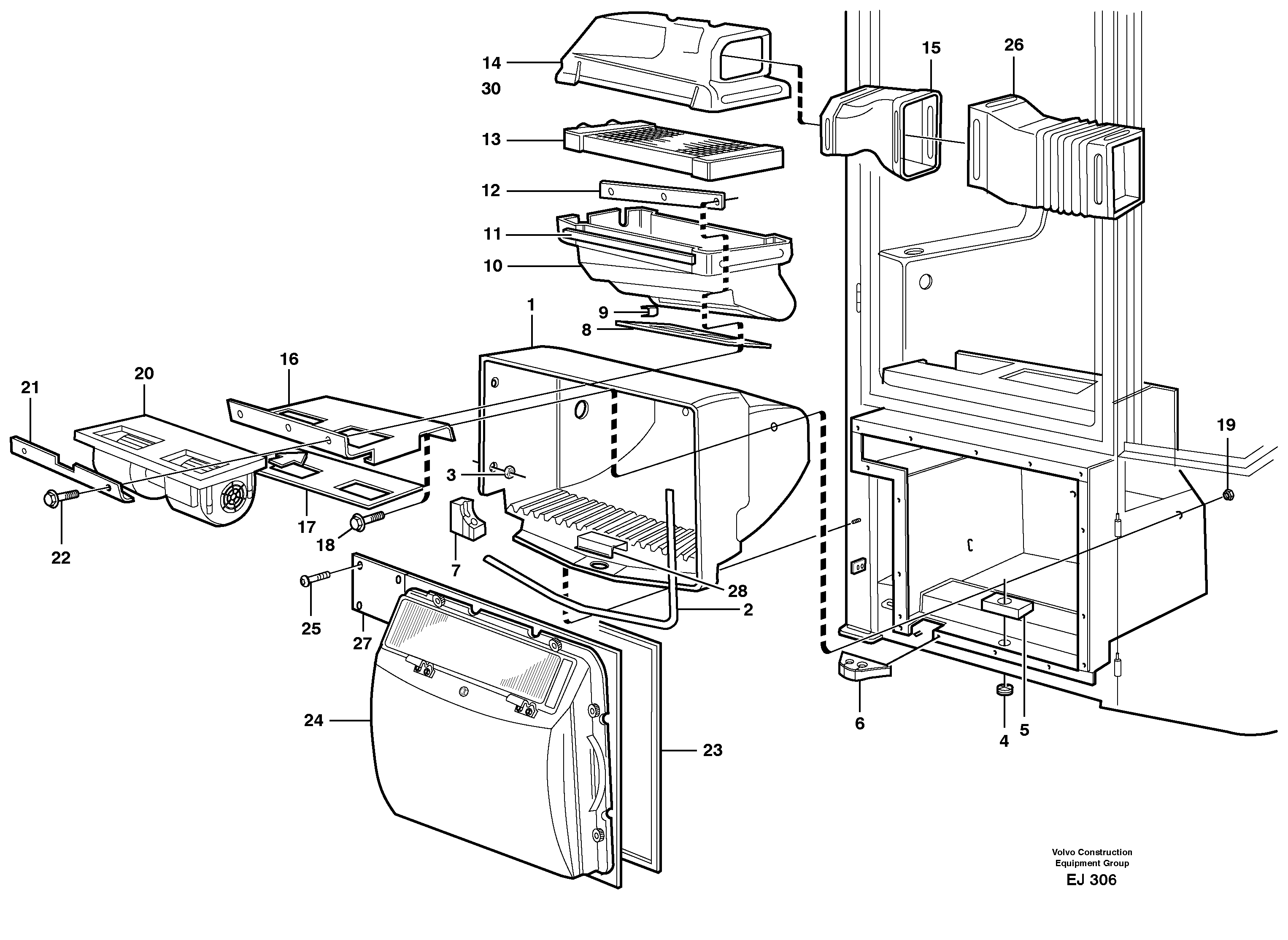 Fresh air inlet, air filter and fan housing. — volvo parts diagram