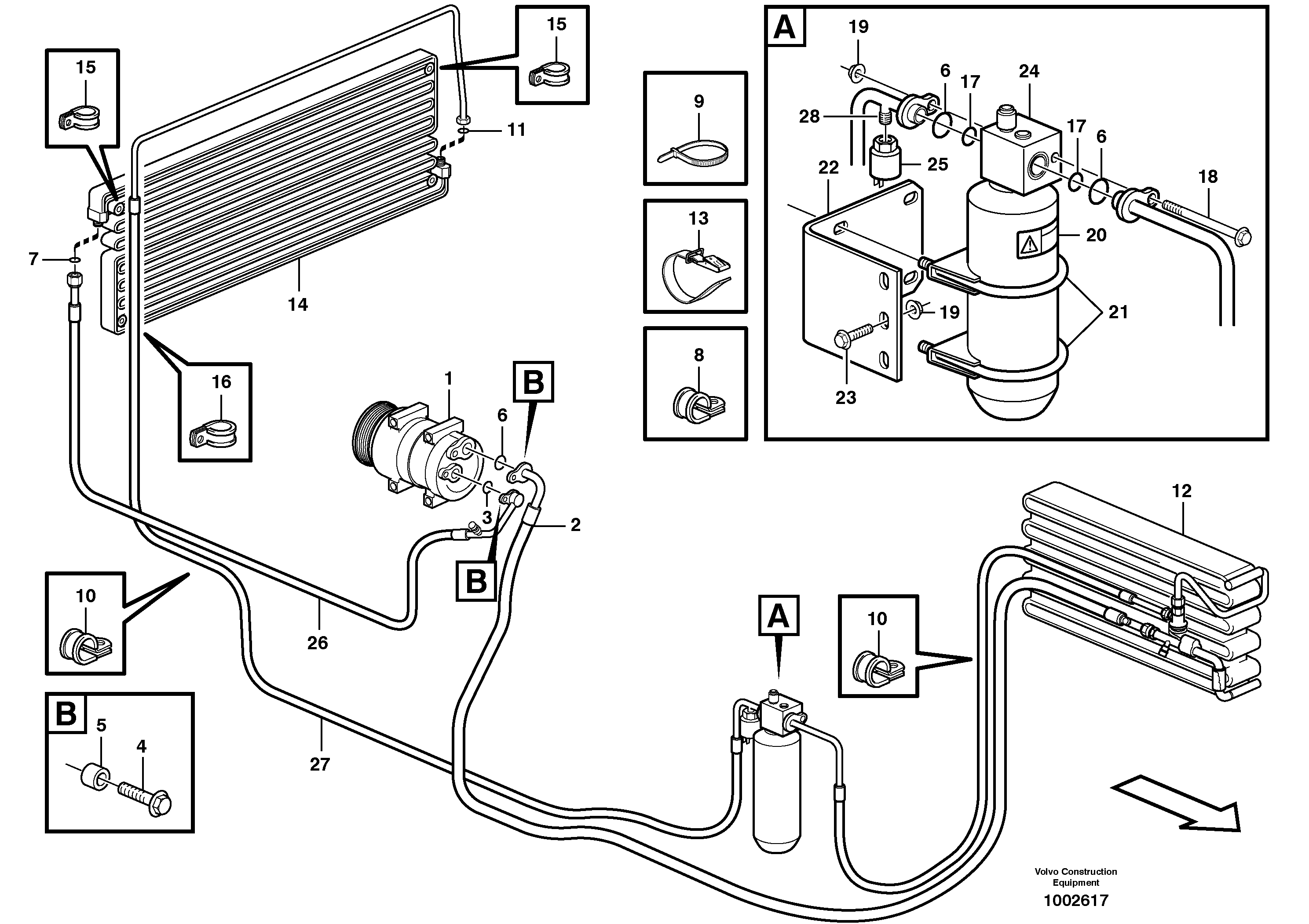 Assembly hoses: Evaparator, receiver drier, condenser. — volvo parts diagram