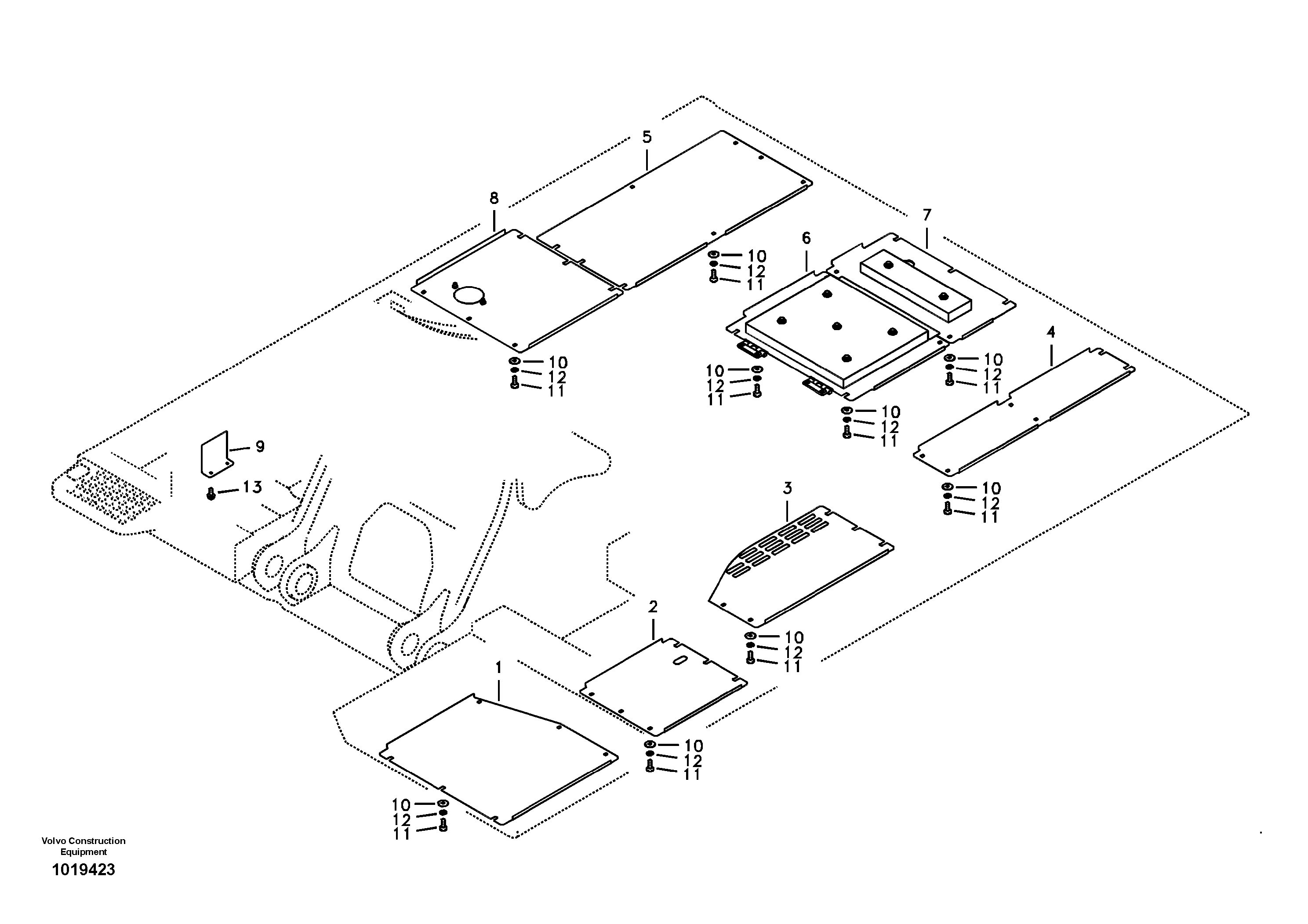 Hatches under engine, hydr.pumps, cooler, m.valve and fuel tank. — volvo parts diagram