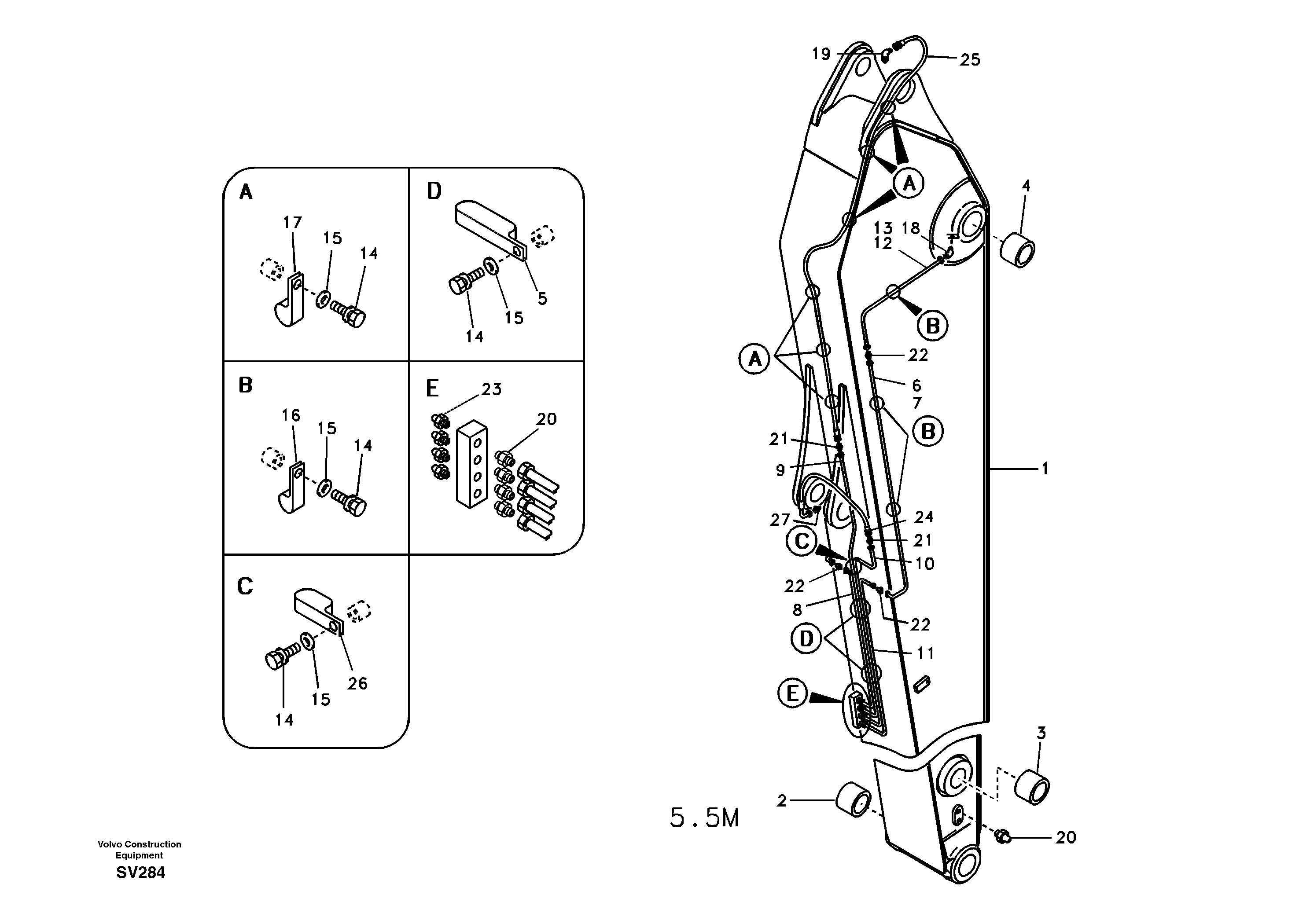Dipper arm and grease piping with piping seat, long reach — volvo parts diagram