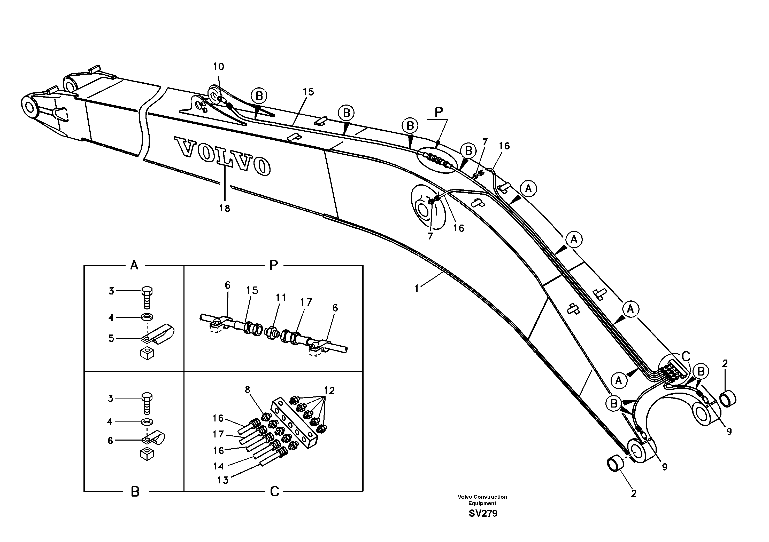 Boom and grease piping, long reach — volvo parts diagram