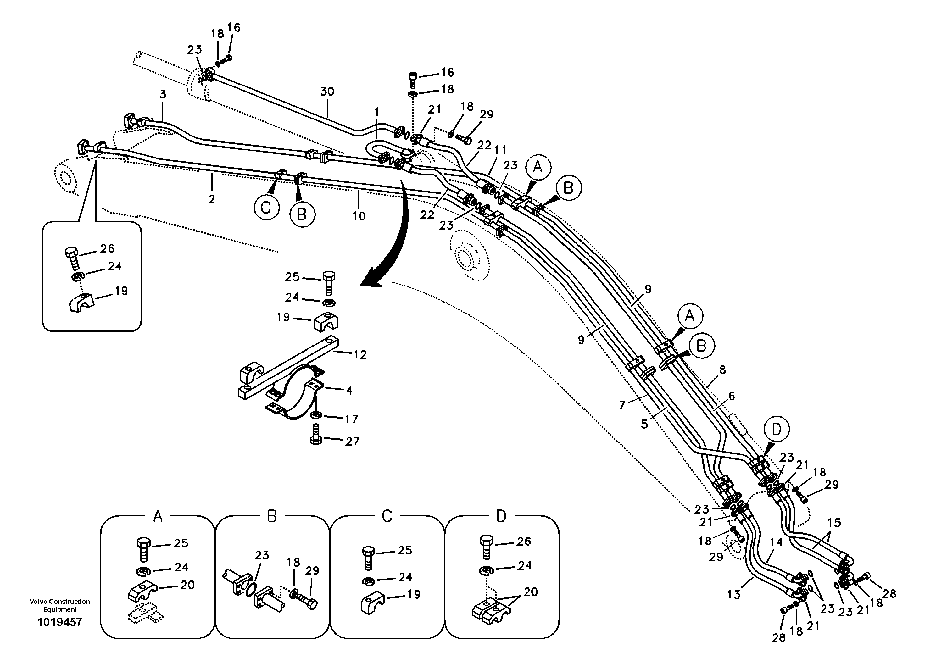 Working hydraulic, dipper arm cylinder on boom. — volvo parts diagram
