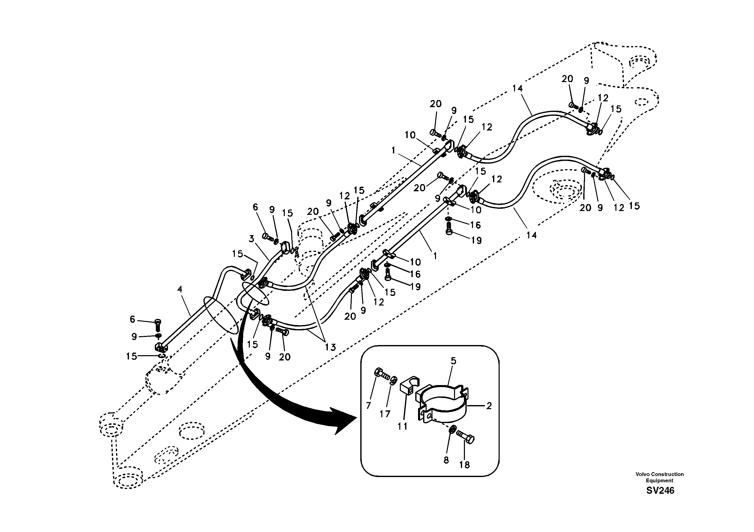 Working hydraulic, bucket cylinder on long dipper arm — volvo parts diagram