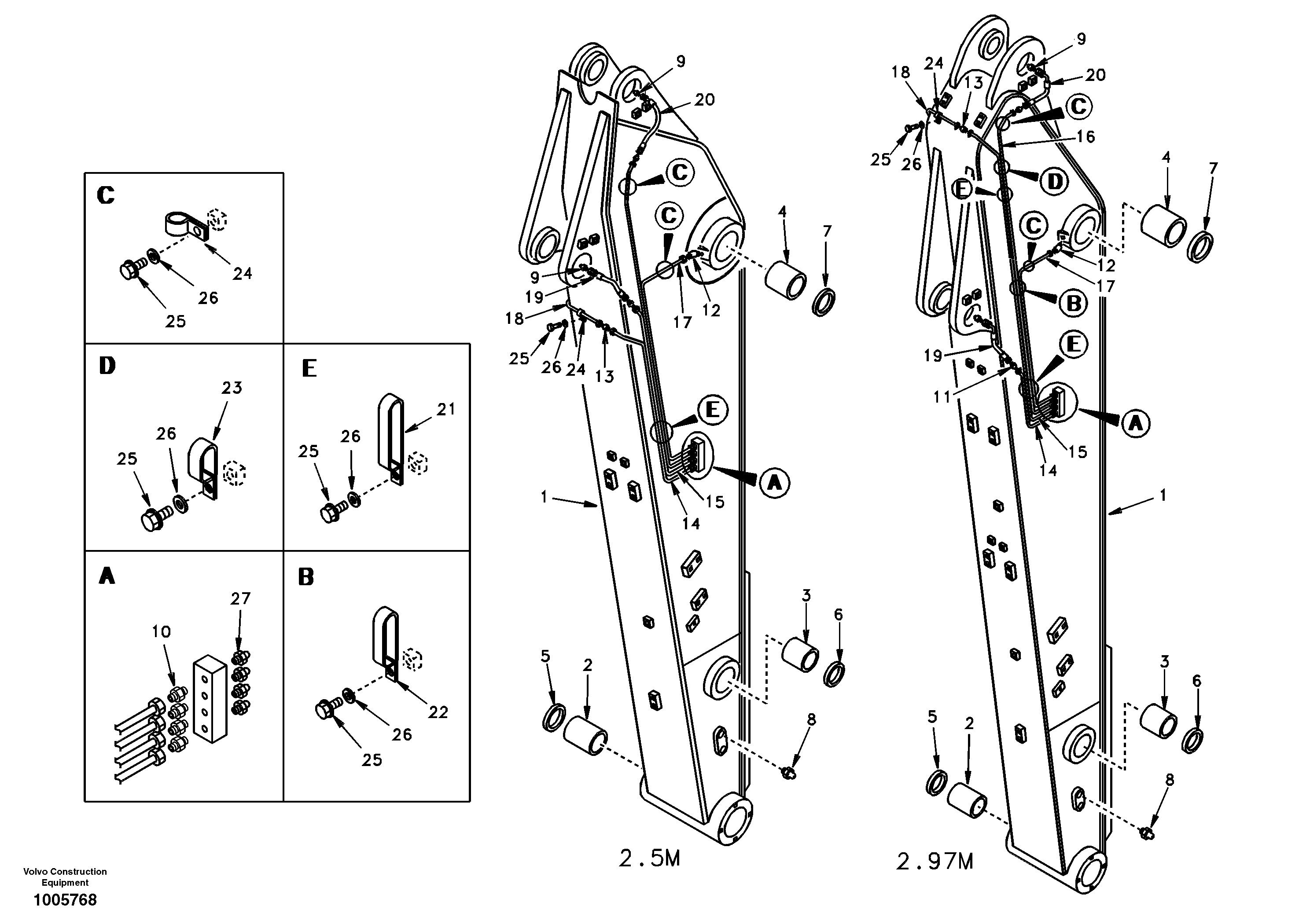 Dipper arm and grease piping with piping seat — volvo parts diagram