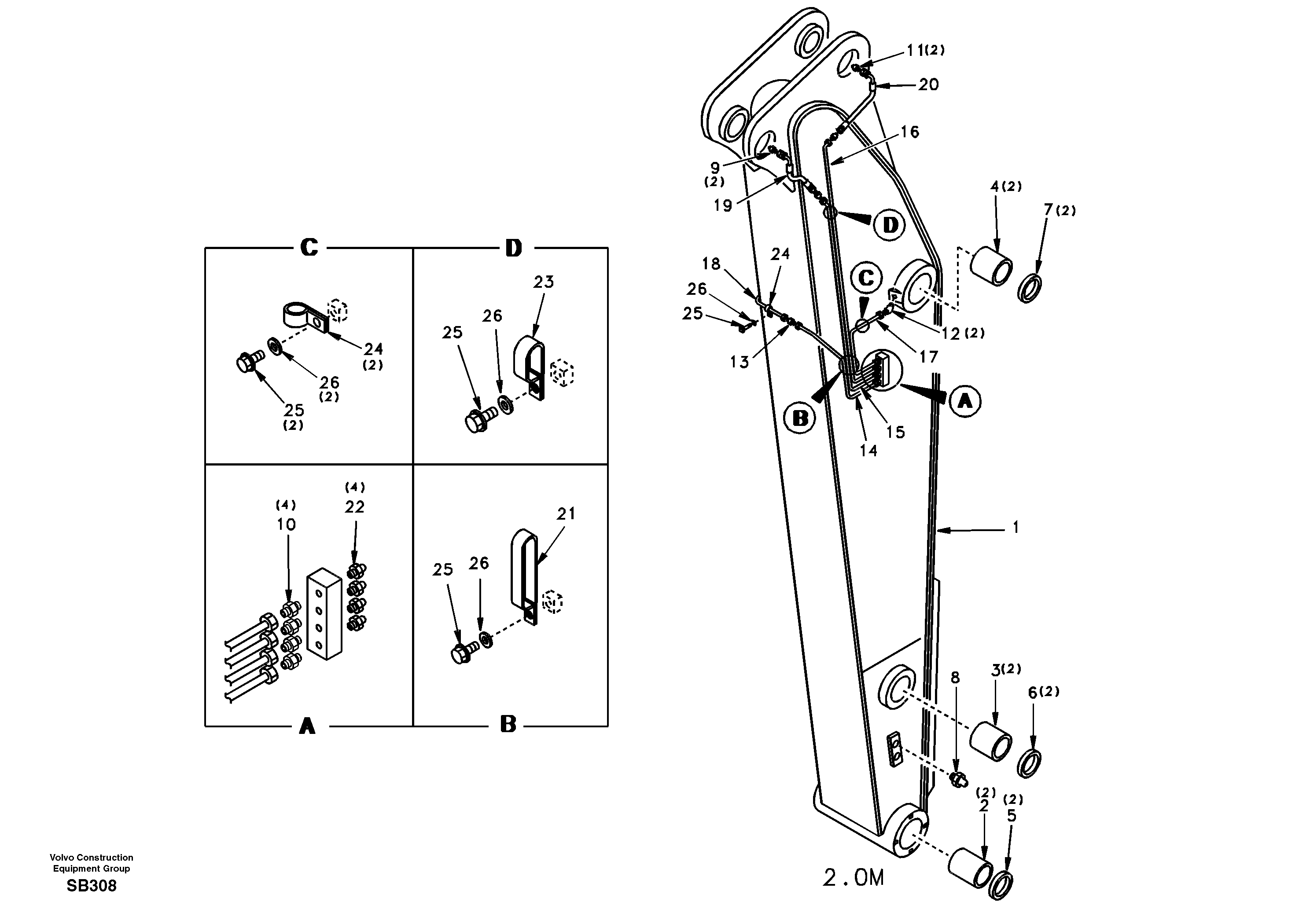 Dipper arm and grease piping without piping seat — volvo parts diagram
