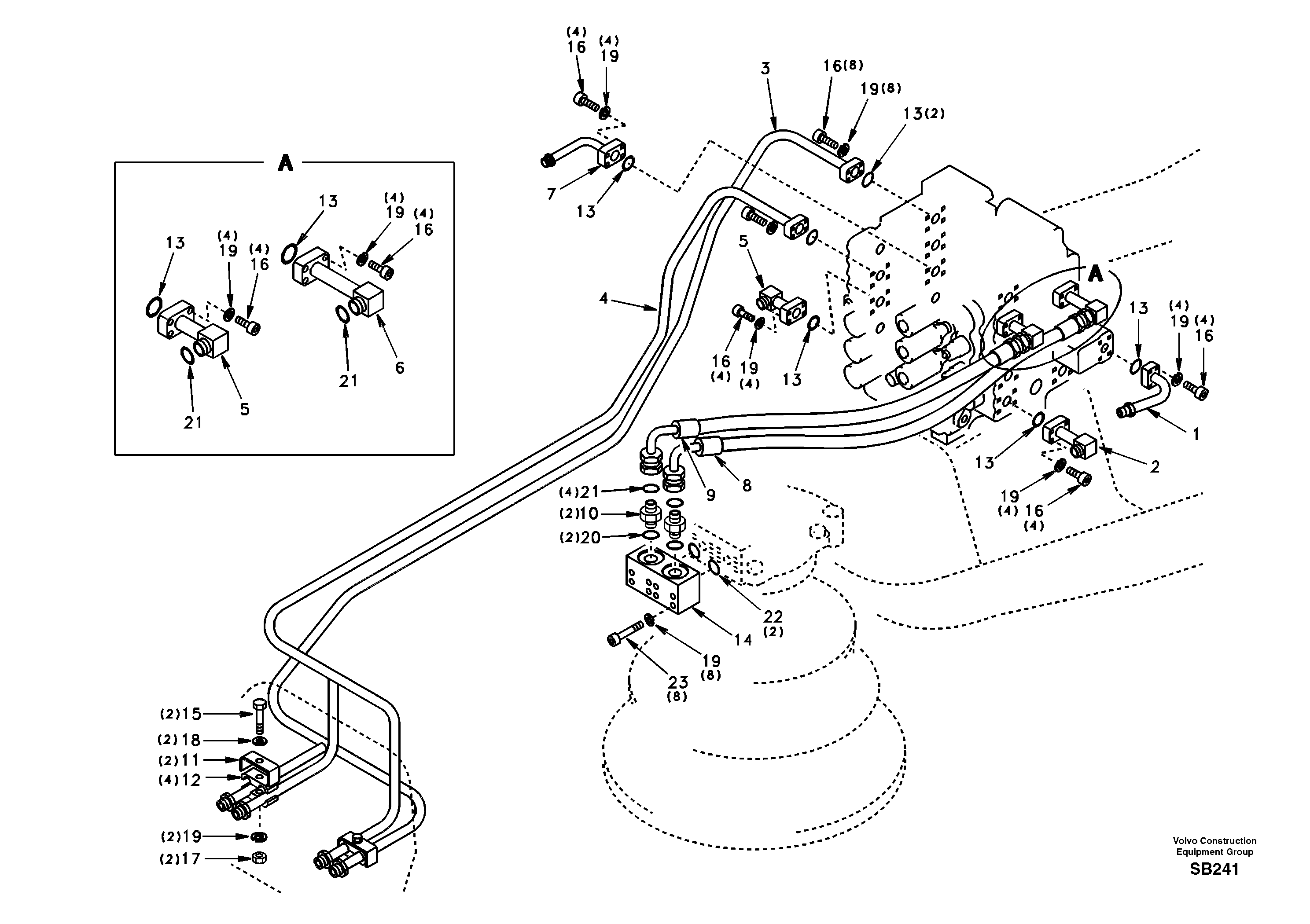 Hydraulic system, control valve to boom and swing — volvo parts diagram