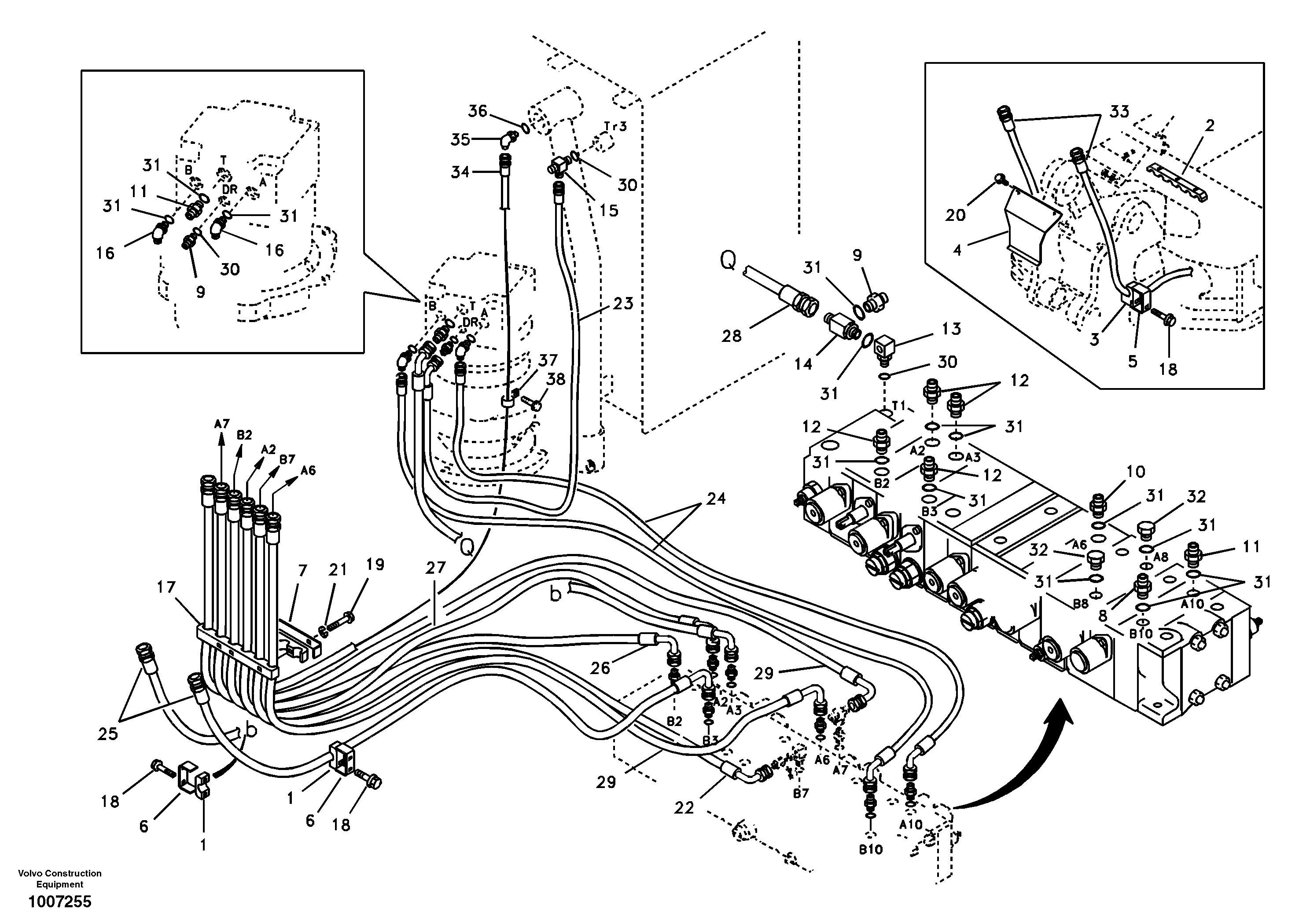 Hydraulic system, control valve to boom and swing — volvo parts diagram