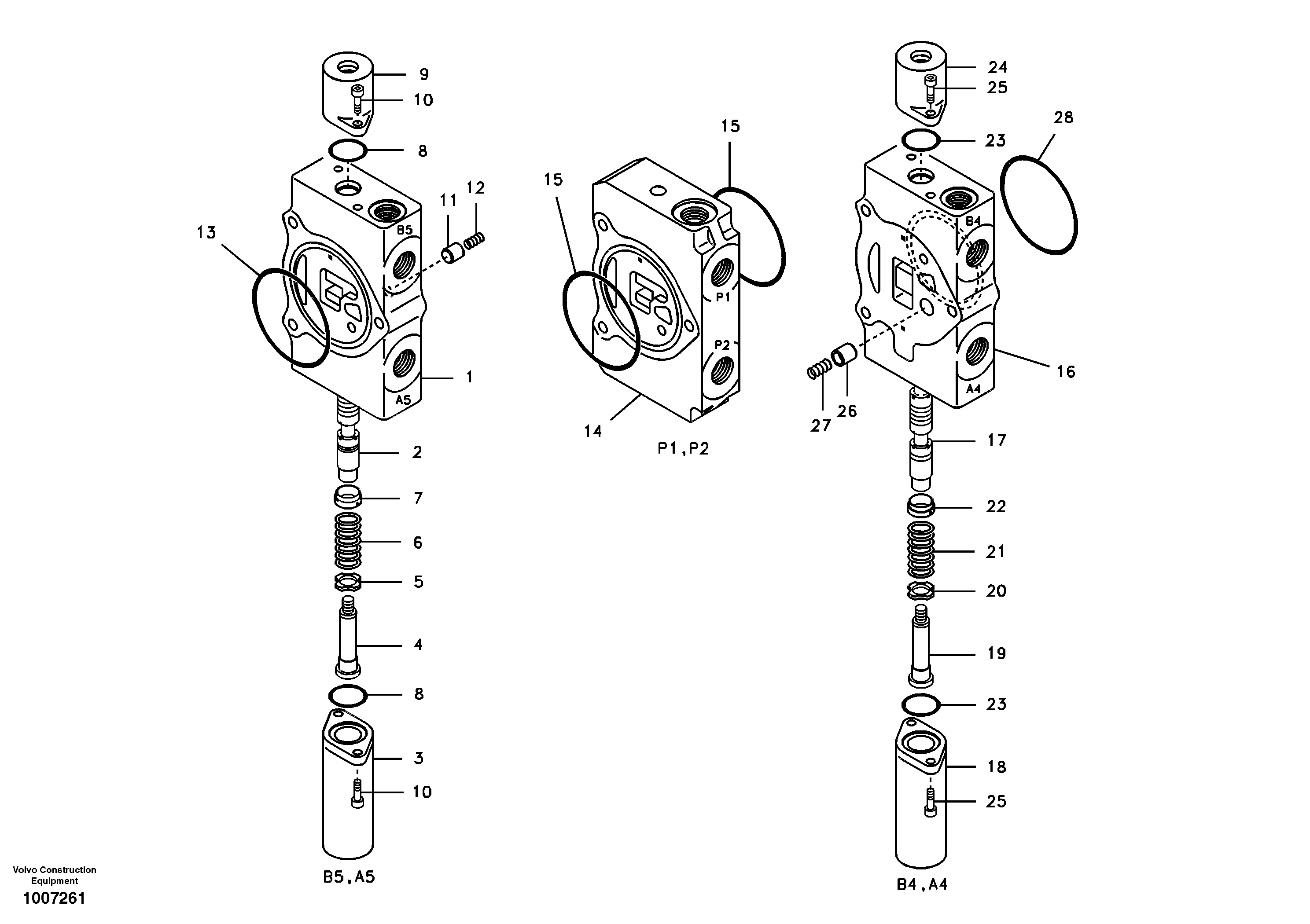 Main control valve, travel Lh and mid inlet and travel Rh — volvo parts diagram