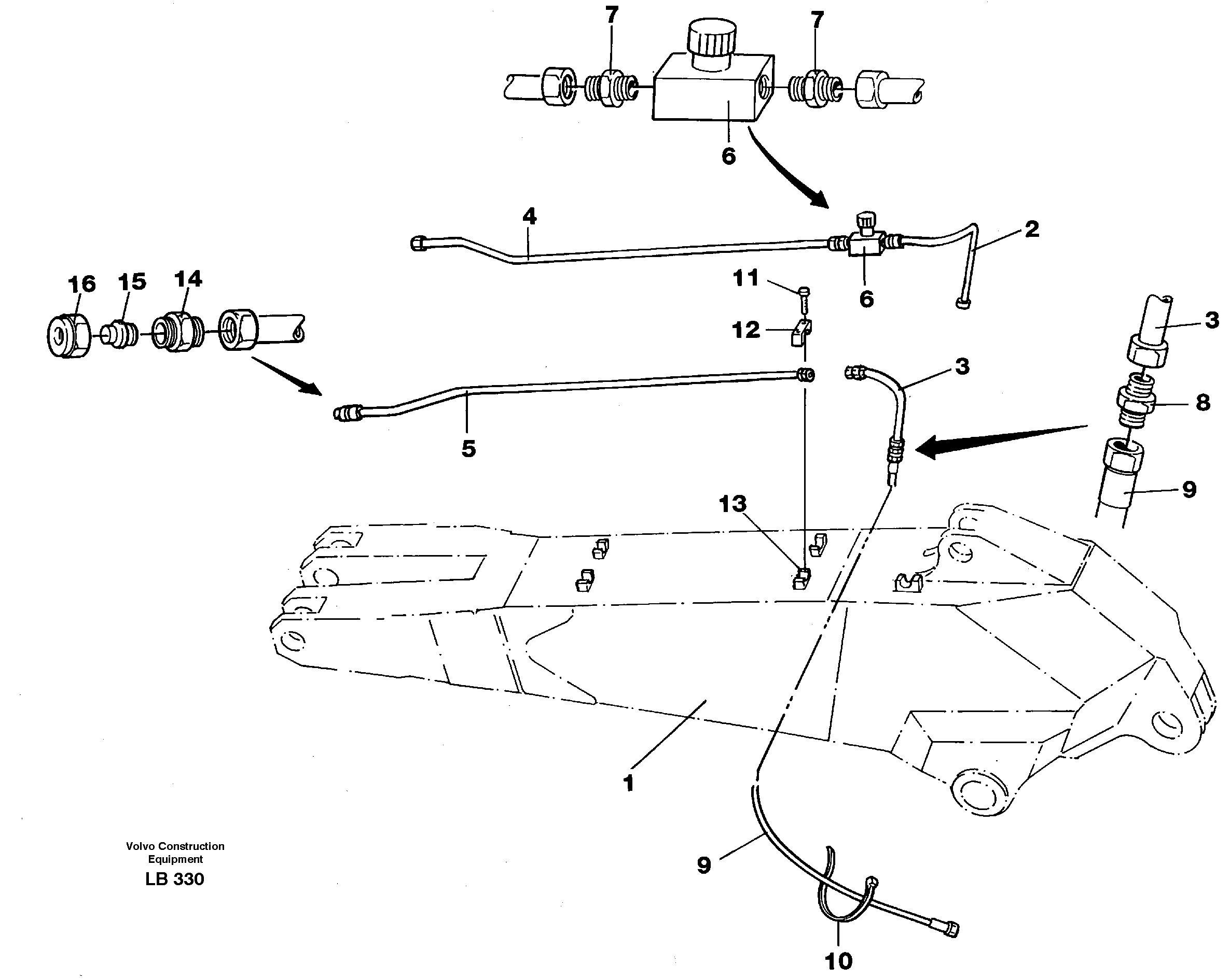 Slope bucket equipment ondipper 2.25 m/ 2.80 m incl tubings on left side  14254106 14256614 — volvo parts diagram