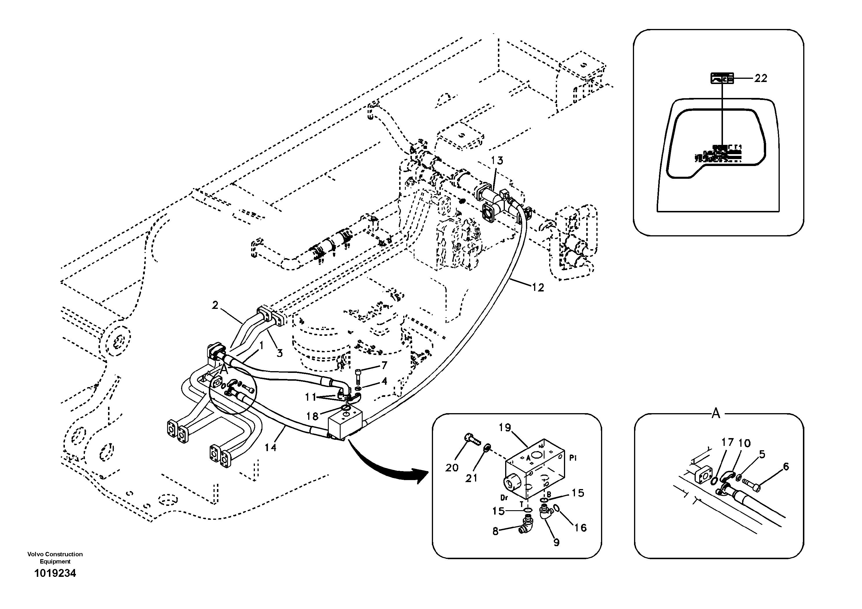 Hydraulic system, control valve to boom and swing — volvo parts diagram