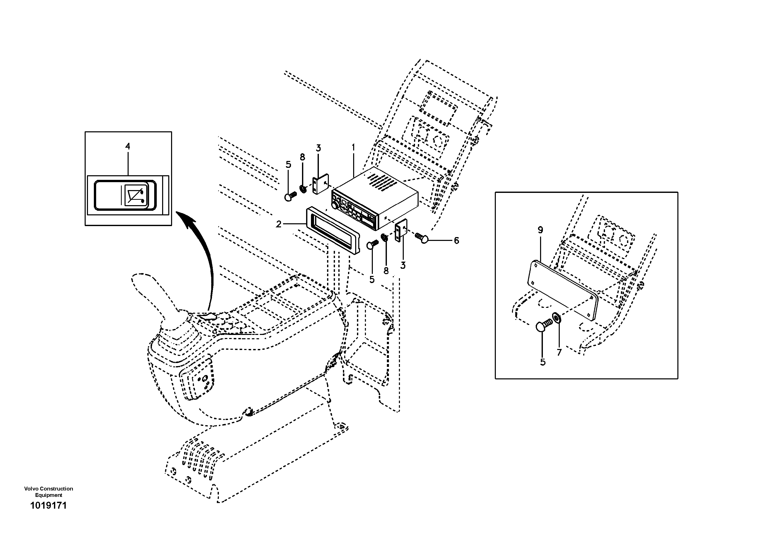 Cassette radio recorder with mounting details — volvo parts diagram