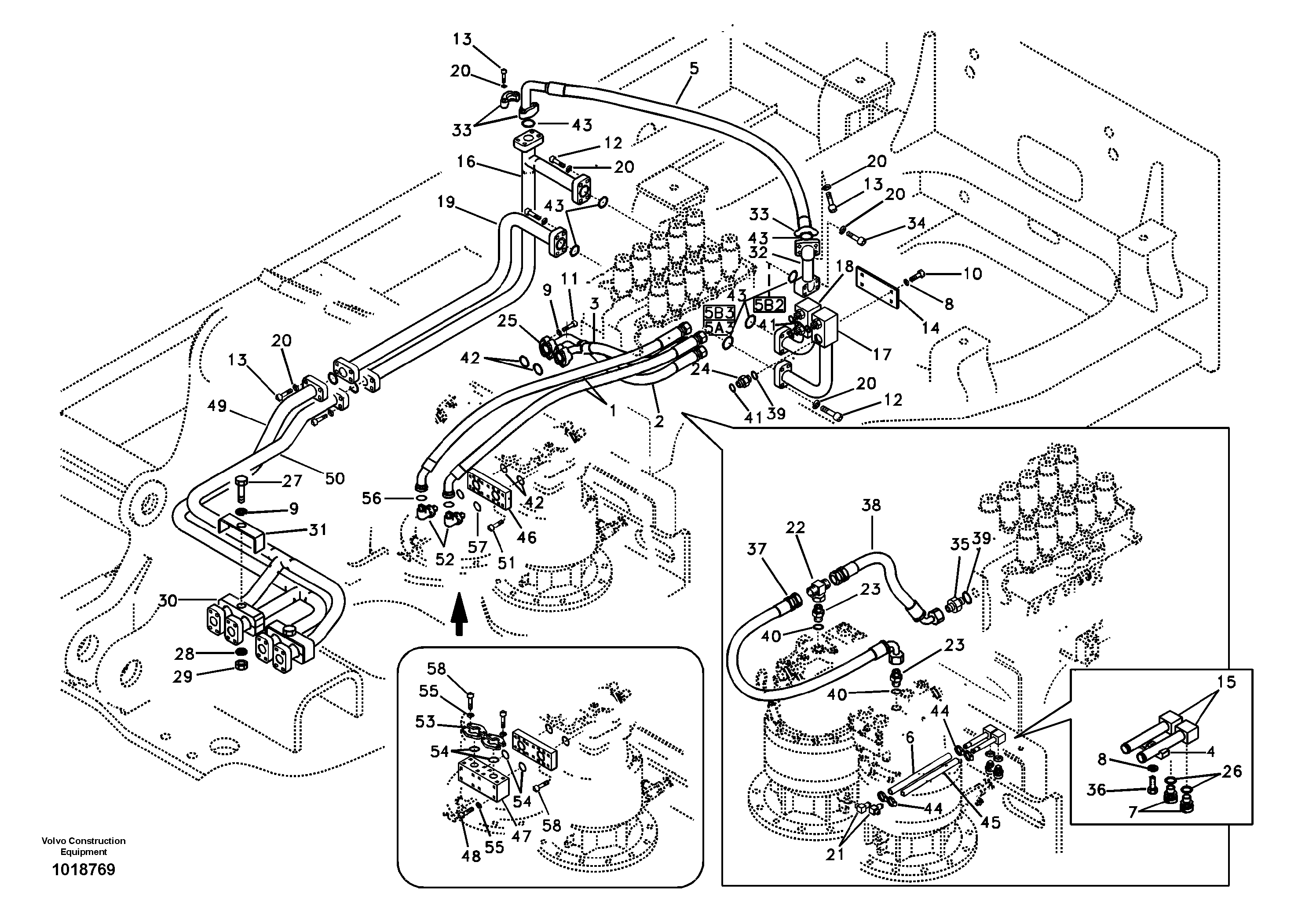 Hydraulic system, control valve to boom and swing — volvo parts diagram